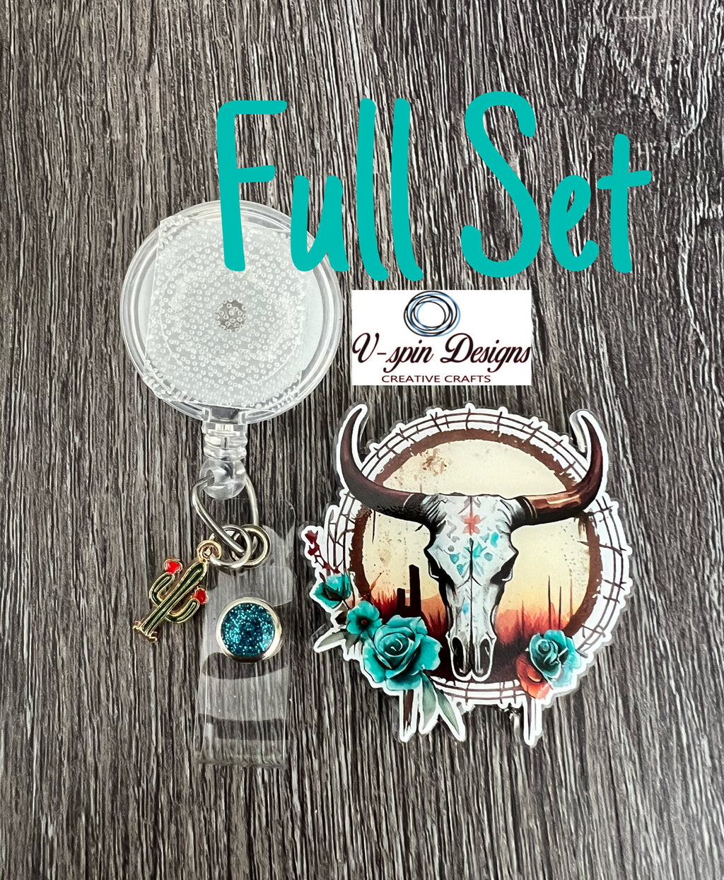 Bull Skull Badge Reel: Western Floral ID Holder