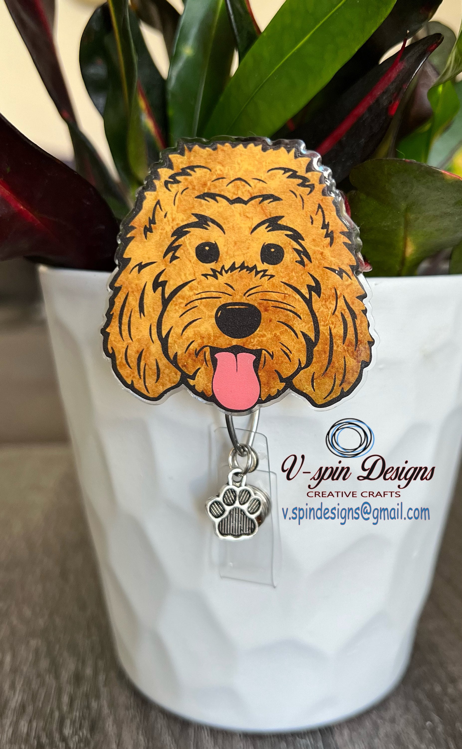 Golden Doodle Dog Badge Reel: Acrylic ID Holder with Paw Charm/dog badge reels/gift for nurses