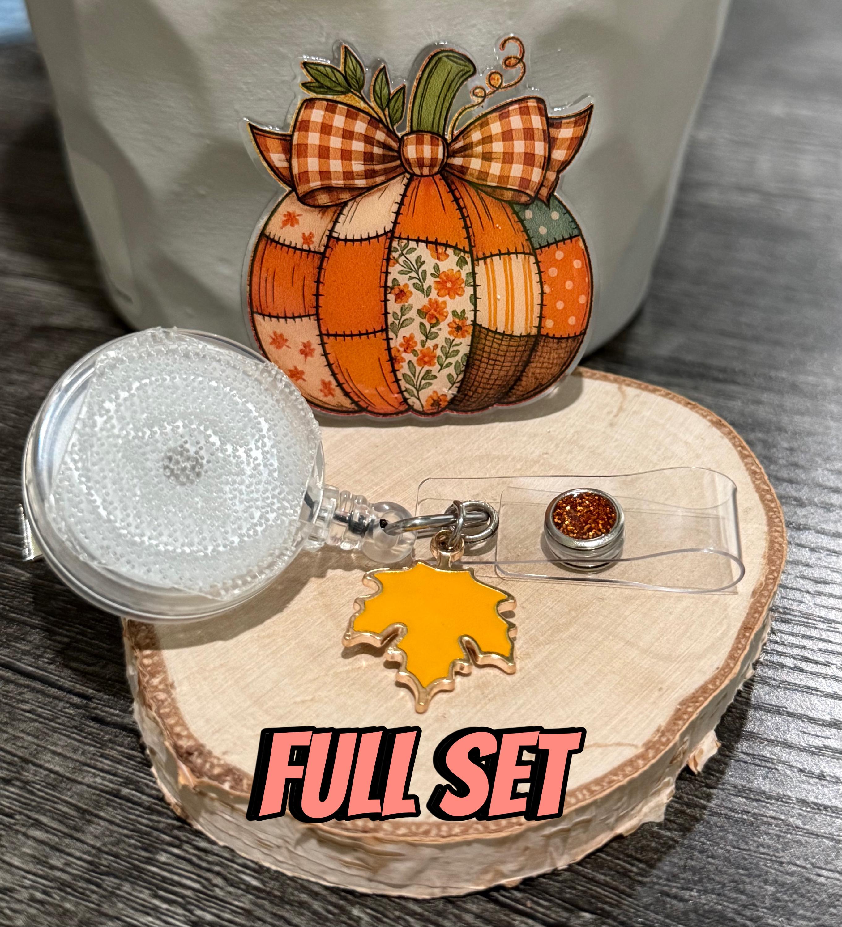 Vintage Patchwork Pumpkin Badge Reel | Fall Retractable Acrylic ID Holder