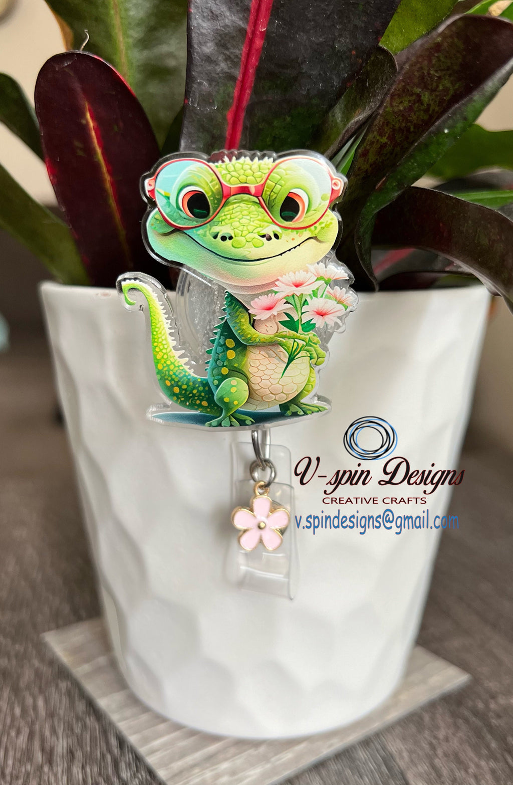Cute Crocodile with Flowers Badge Reel | Retractable Acrylic ID Holder