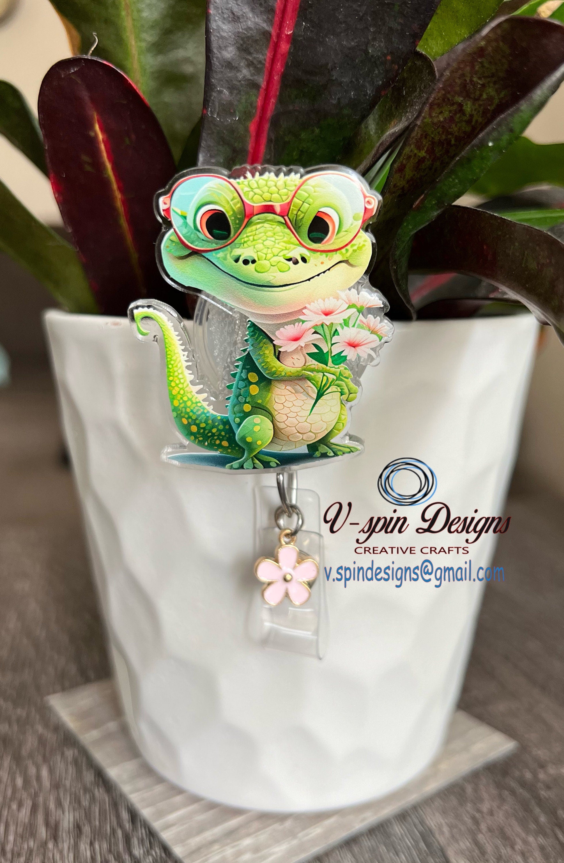 Cute Crocodile with Flowers Badge Reel | Retractable Acrylic ID Holder