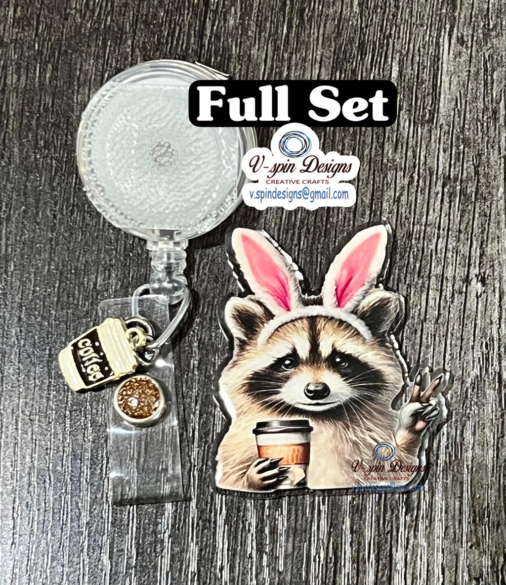 Racoon Bunny Badge reel/ID Holder/card holder/nurse badge reels/Easter Racoon coffee badge reel