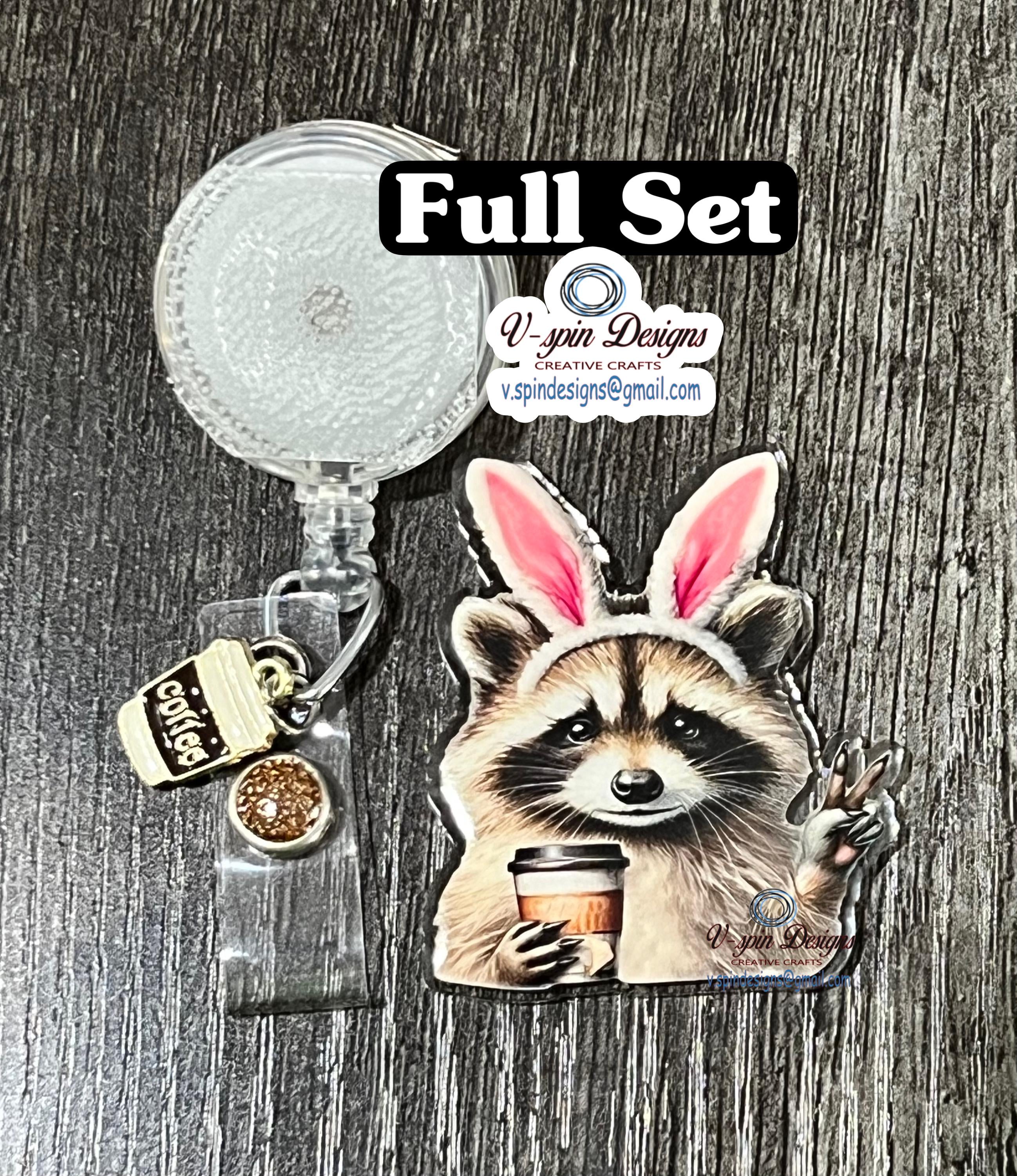 Racoon Bunny Badge reel/ID Holder/card holder/nurse badge reels/Easter Racoon coffee badge reel