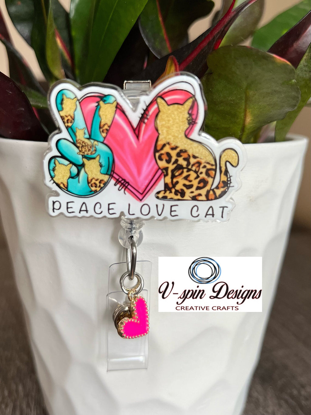Peace Love Cat Badge Reel | Retractable Acrylic ID Holder