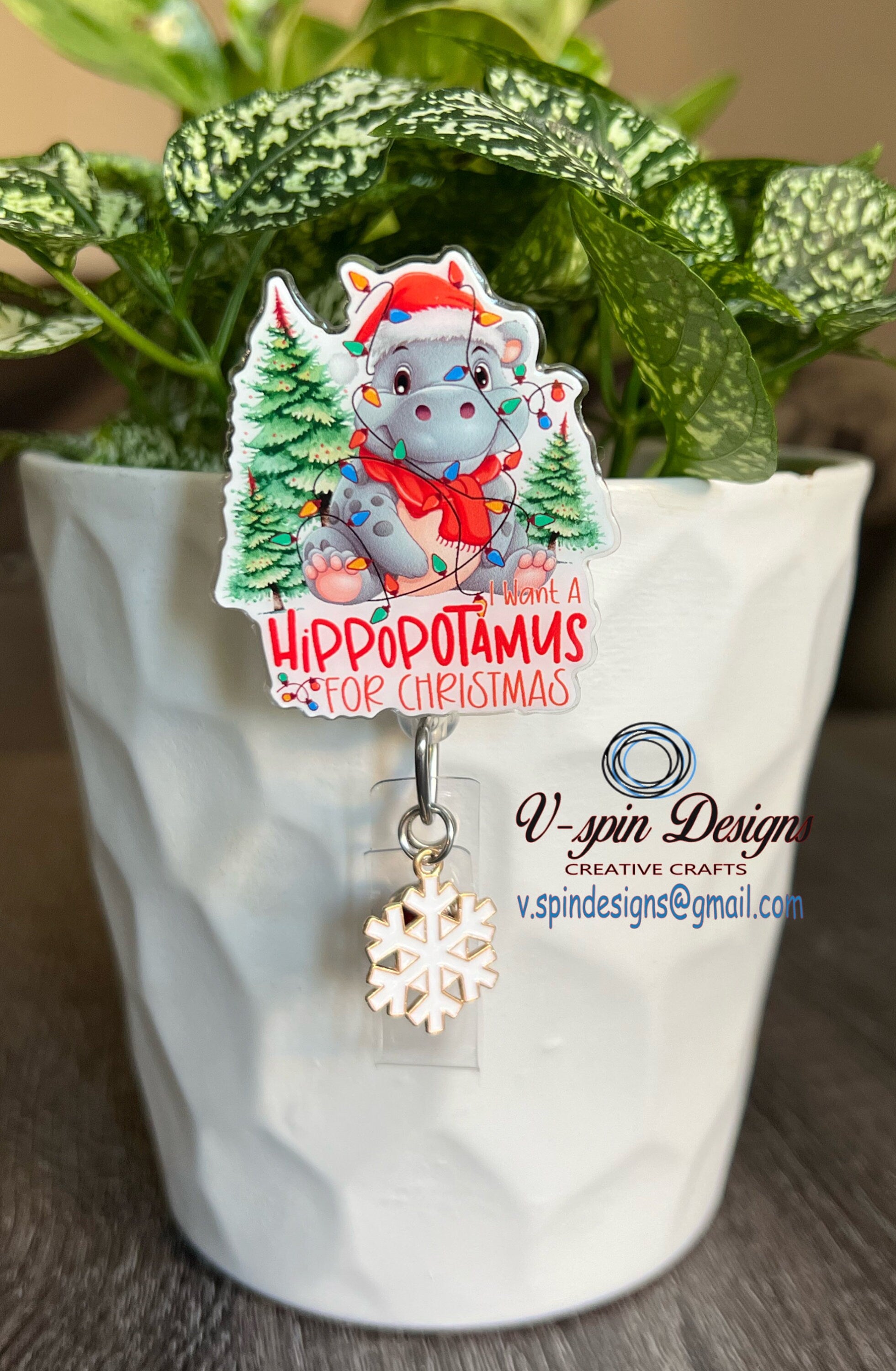 Hippopotamus Christmas Badge Reel: Holiday Retractable ID Holder
