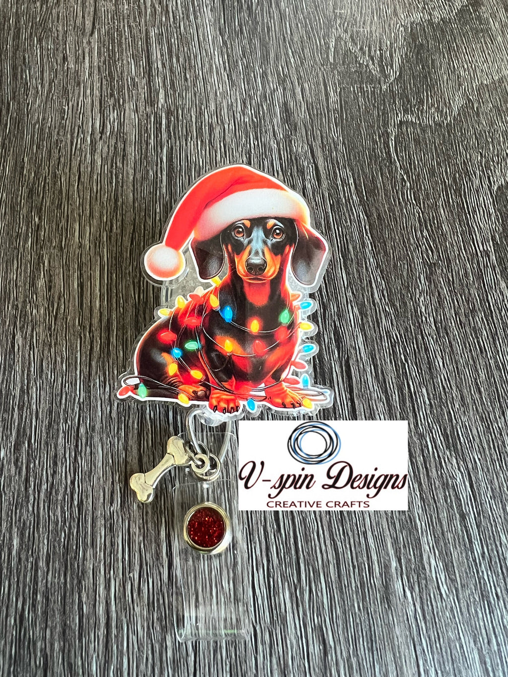 Festive Dachshund Christmas Badge Reel | Holiday Retractable Acrylic ID Holder