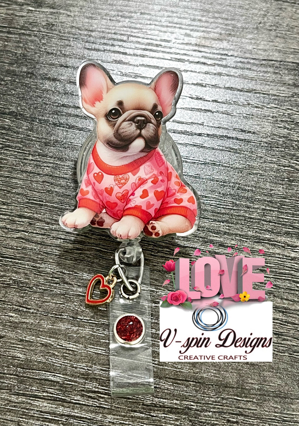 Valentine Frenchie Badge Reel | Valentine's Day Retractable Acrylic ID Holder
