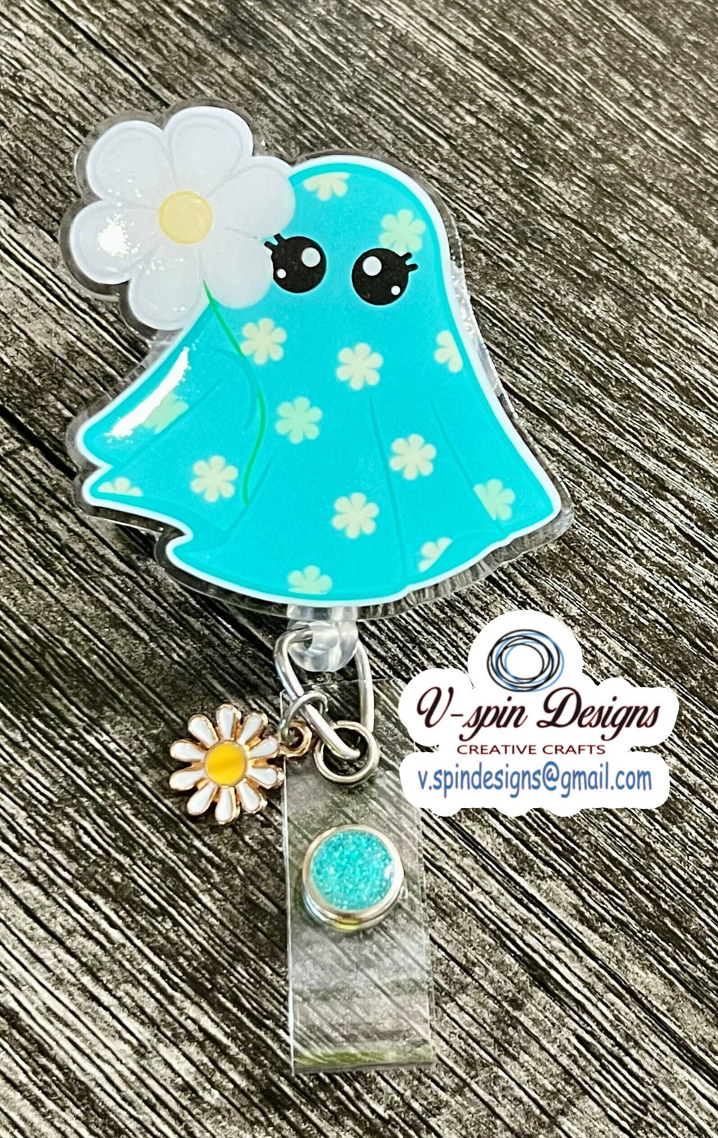 Spring Ghost with Daisies Badge Reel | Retractable Acrylic ID Holder