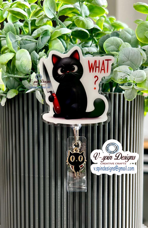 "What?" Black Cat Badge Reel | Funny Retractable Acrylic ID Holder