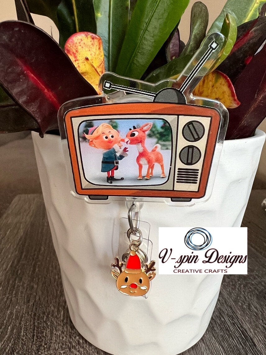 Retro TV Christmas Classics Badge Reel | Holiday Retractable Acrylic ID Holder