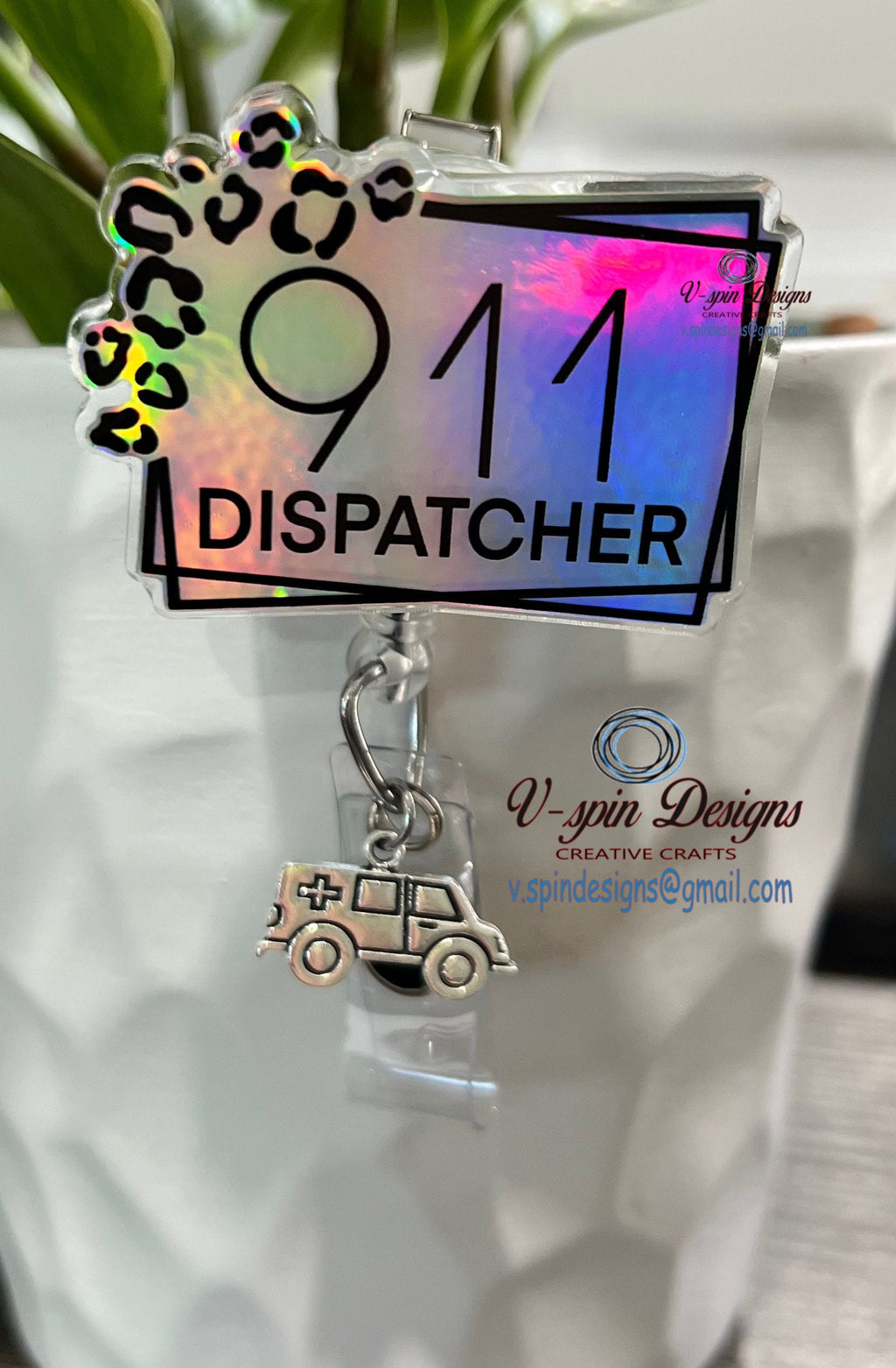 1.9” Acrylic- 911 Dispatcher badge reel/ID Holder/card holder/911 emergency