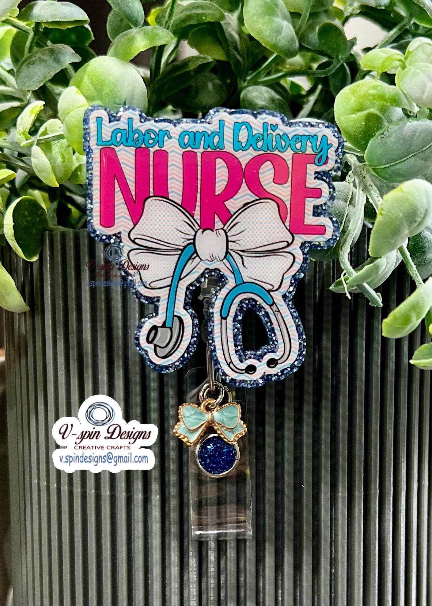 Labor and Delivery Nurse Badge Reel: Stethoscope Bow, Glitter ID Holder, L&D badge reels