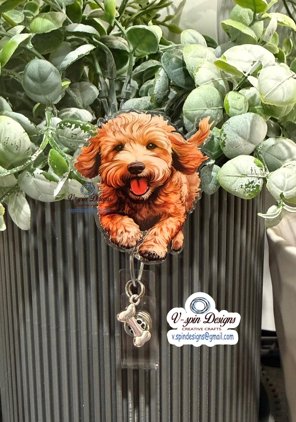 Golden Doodle Puppy Badge Reel | Retractable Acrylic ID Holder for Dog Lovers