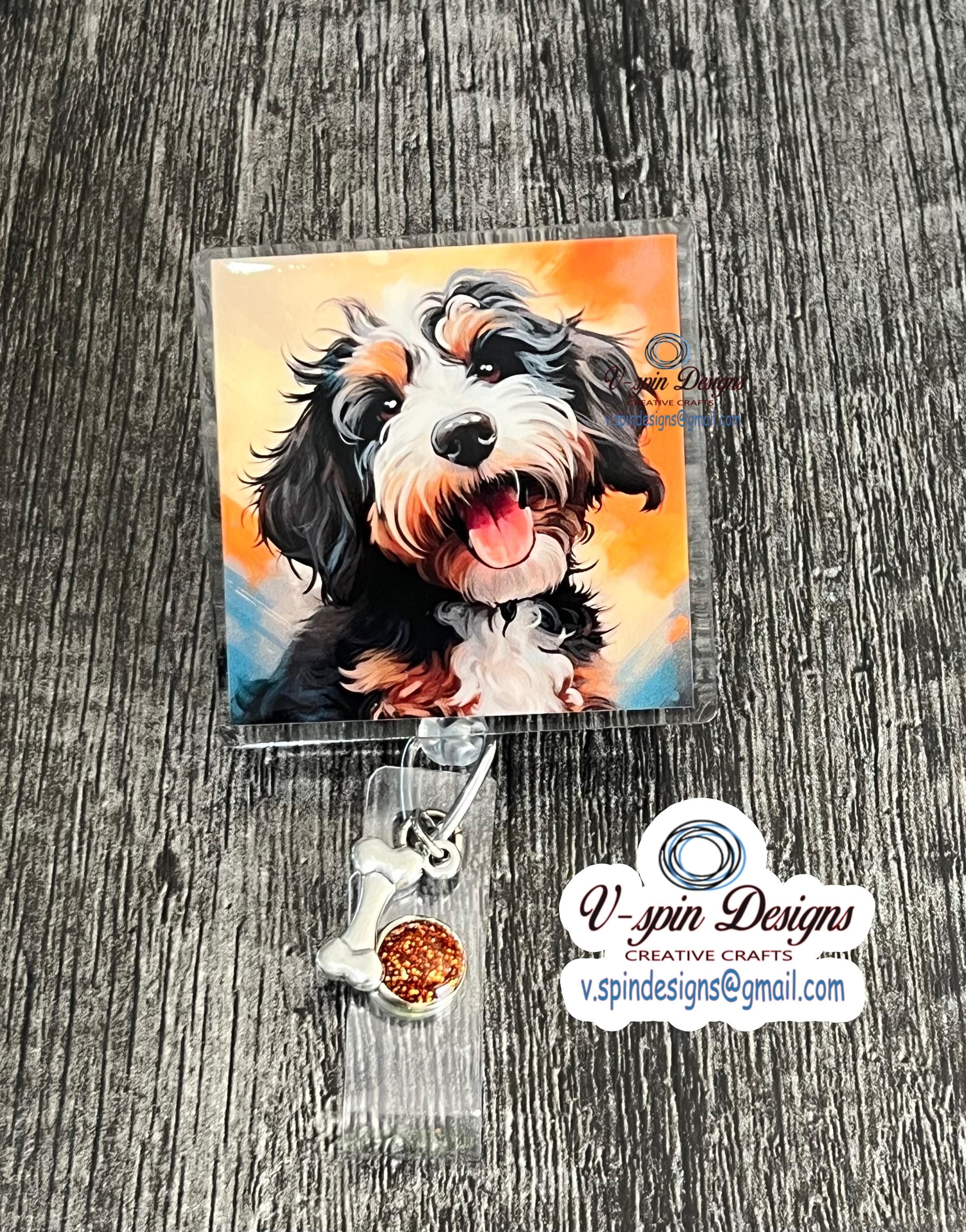 Berne doodle Dog Badge Reel | Retractable Acrylic ID Holder for Dog Lovers