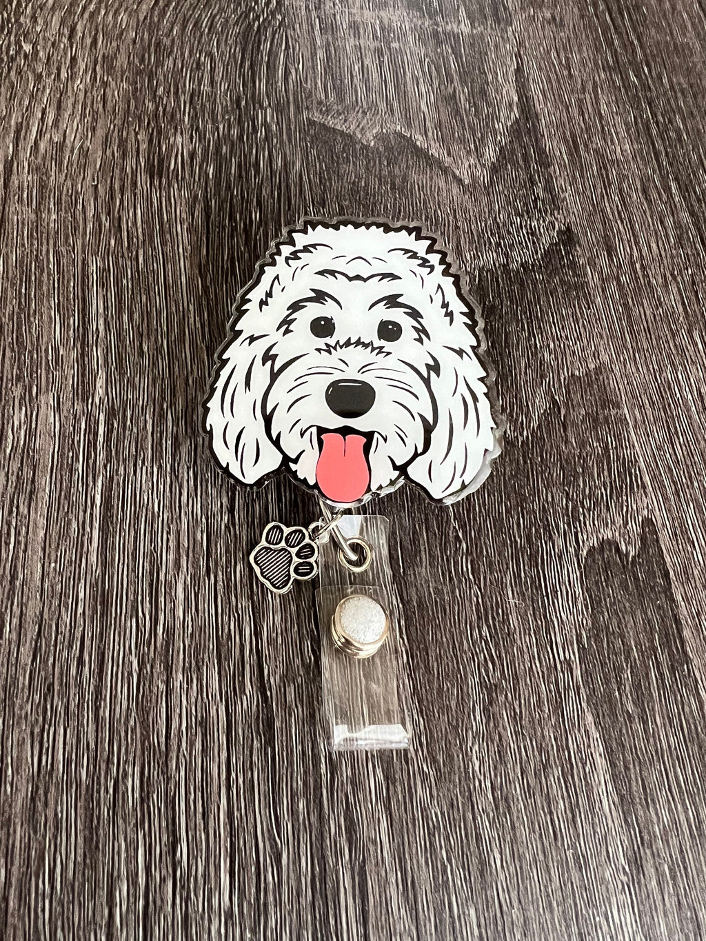 White Doodle Dog Badge Reel | Retractable Acrylic ID Holder