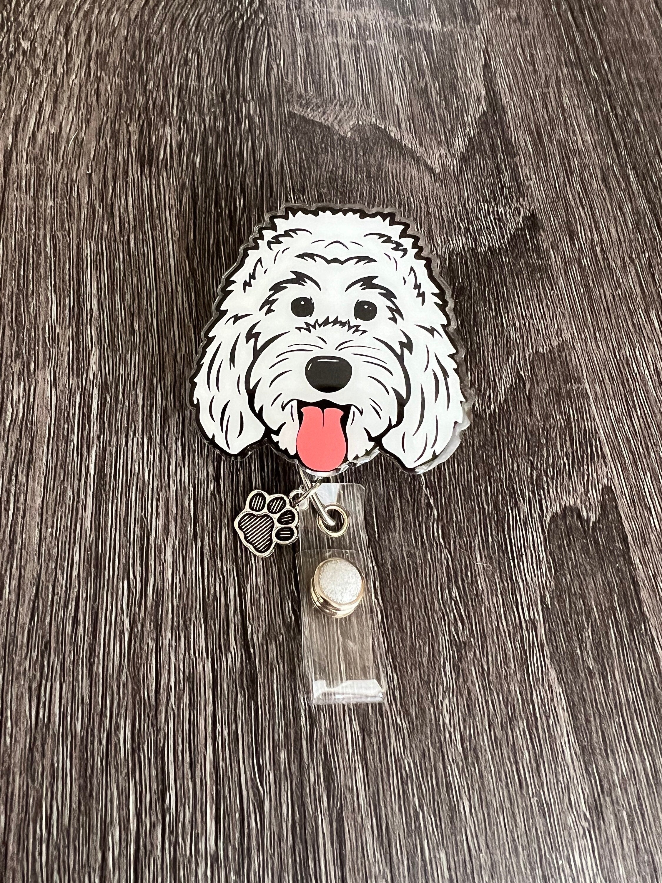 White Doodle Dog Badge Reel | Retractable Acrylic ID Holder