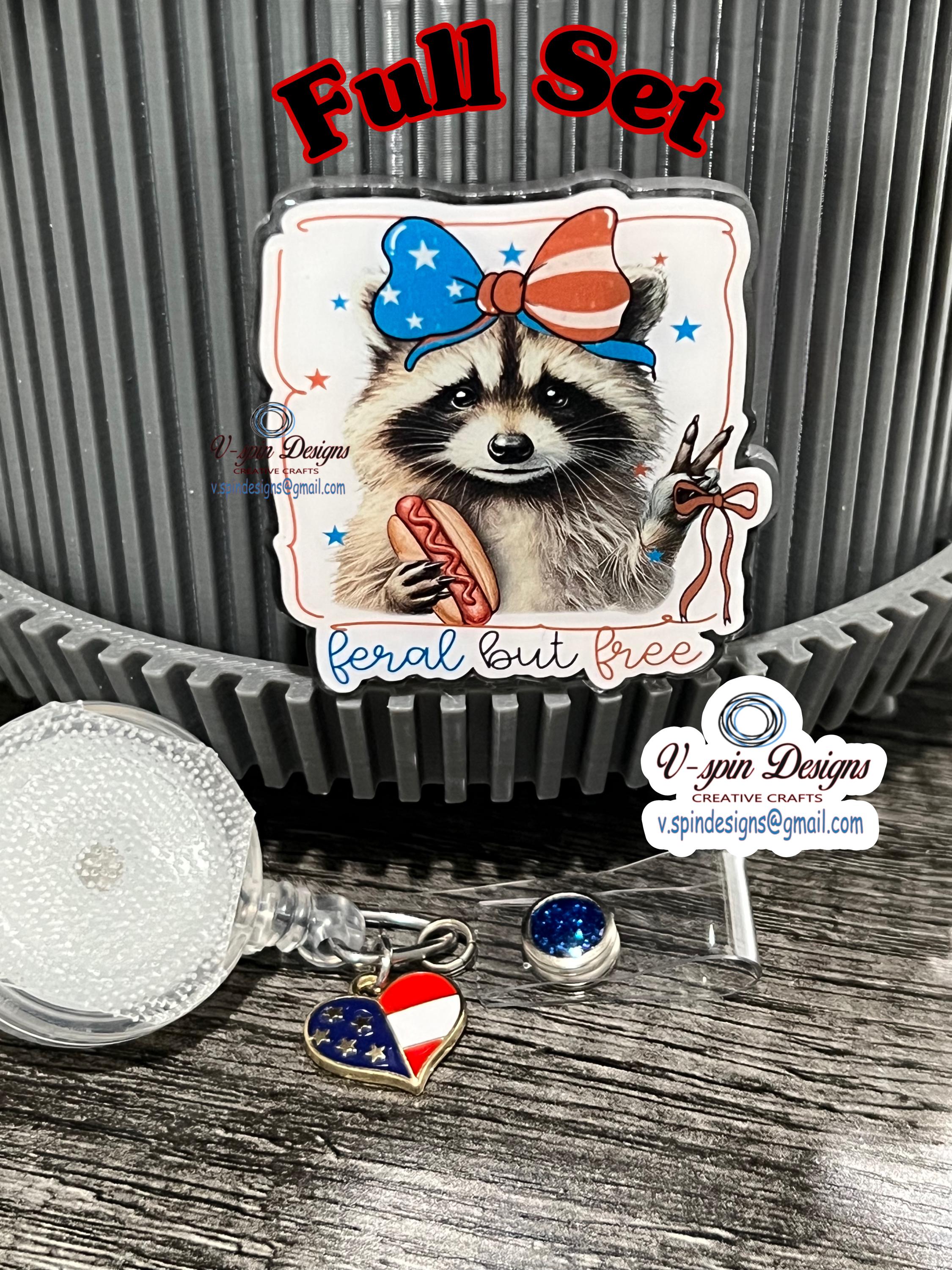 "Feral and Free" Patriotic Raccoon Badge Reel | 4th of July Retractable ID Holder