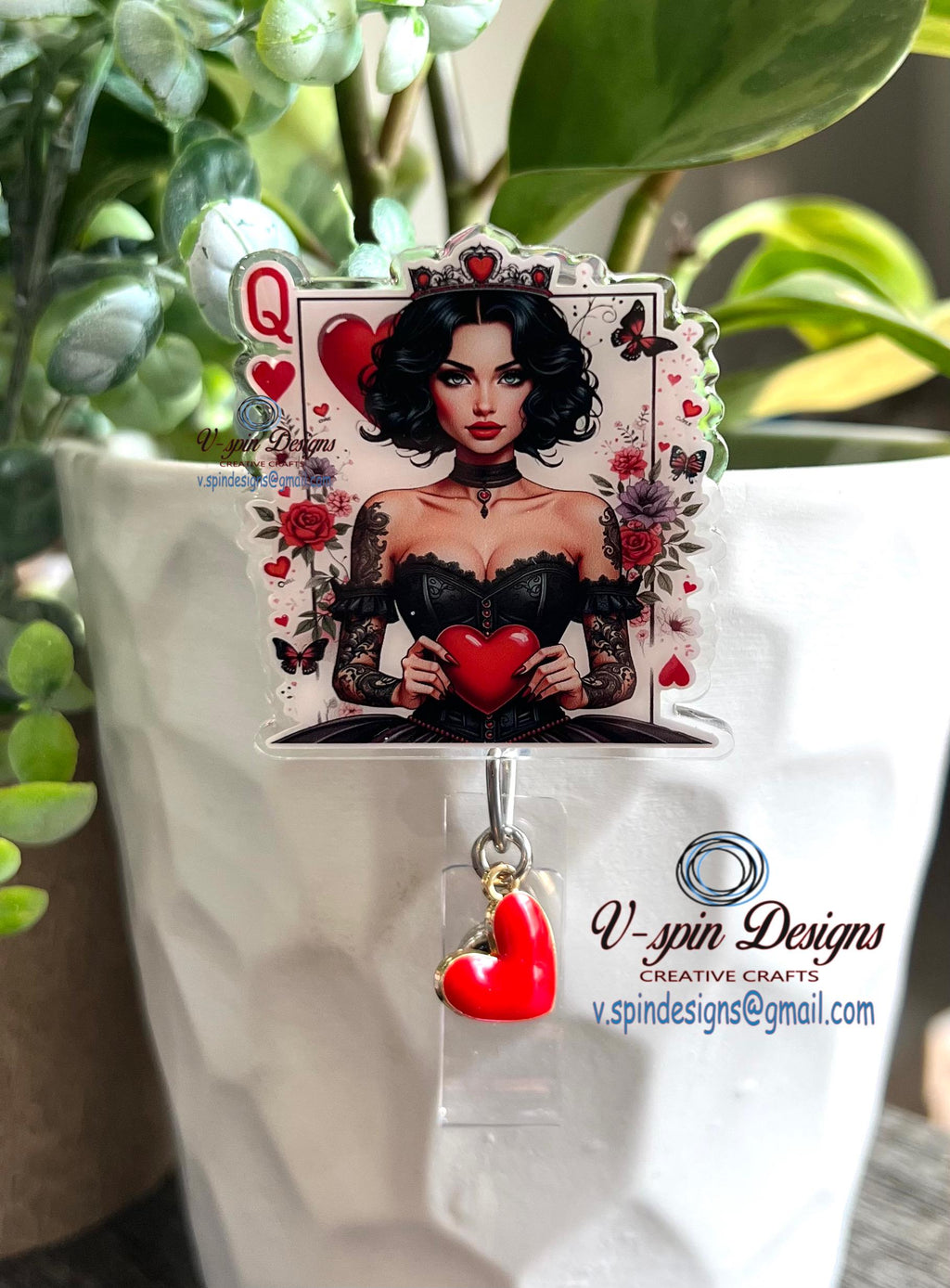 Queen of Hearts Badge Reel | Gothic Retractable Acrylic ID Holder