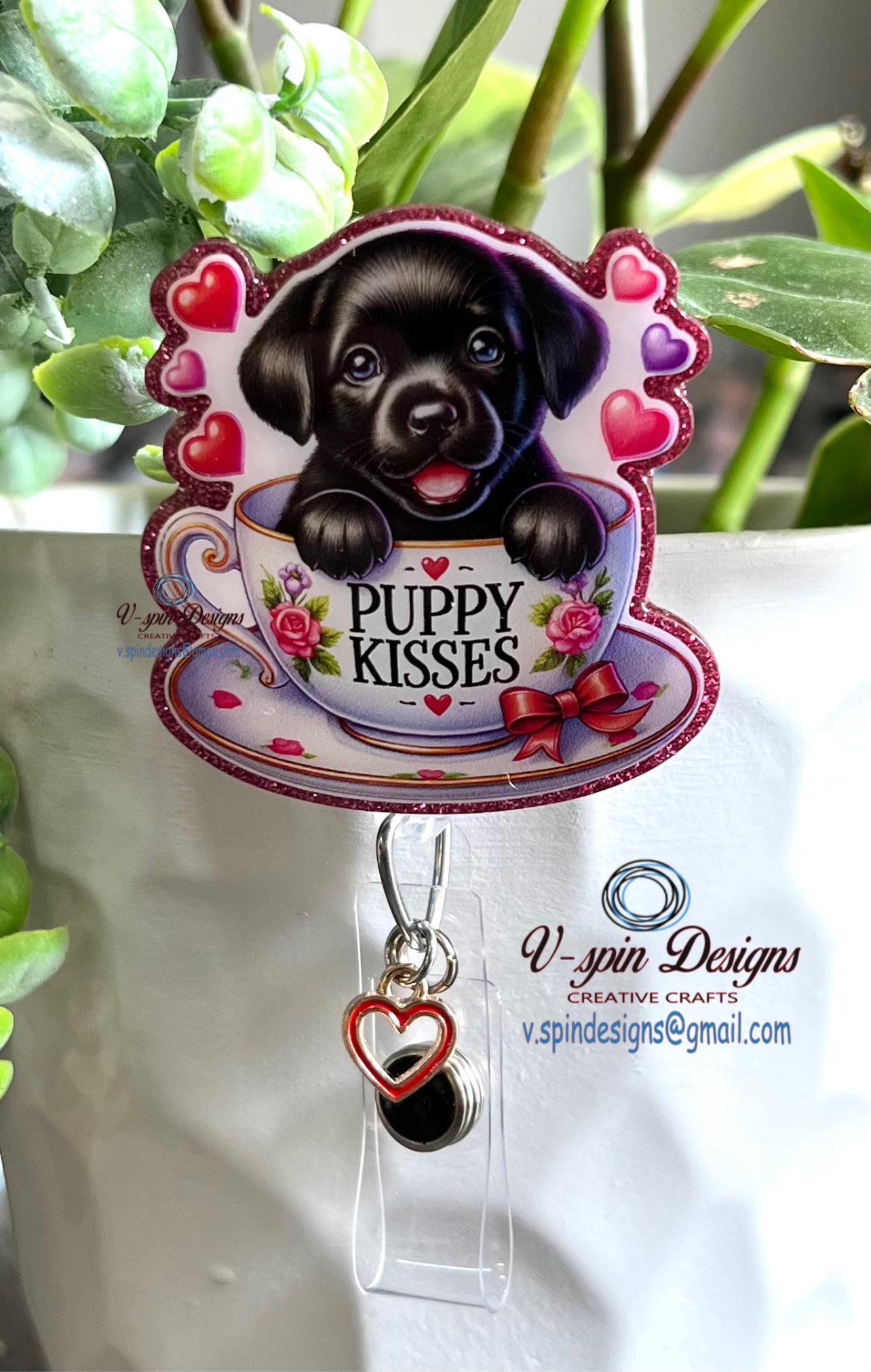 Black Lab Valentine Tea Cup Badge Reel | Retractable Acrylic ID Holder