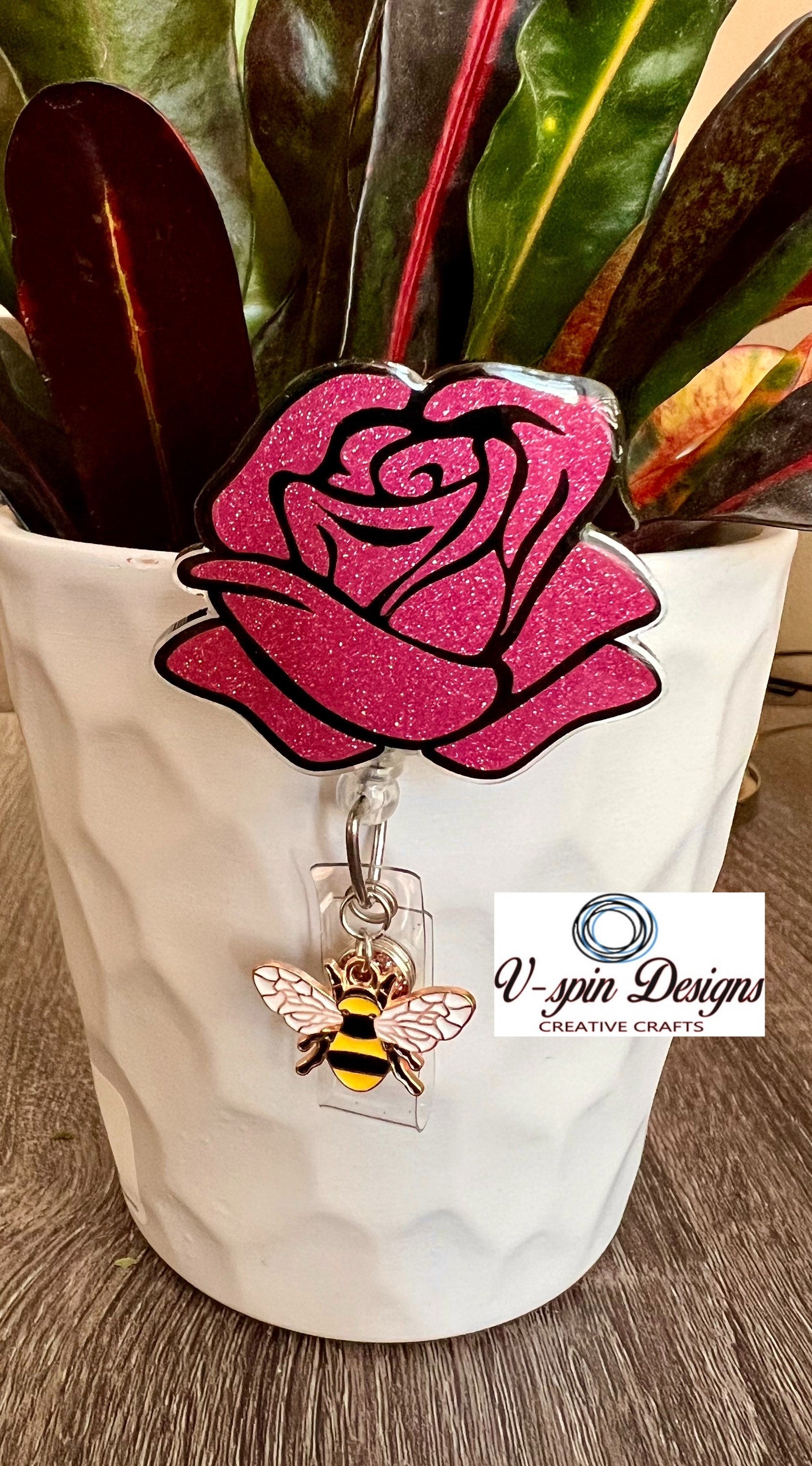 Pink Glitter Rose Badge Reel: Acrylic Retractable ID Holder