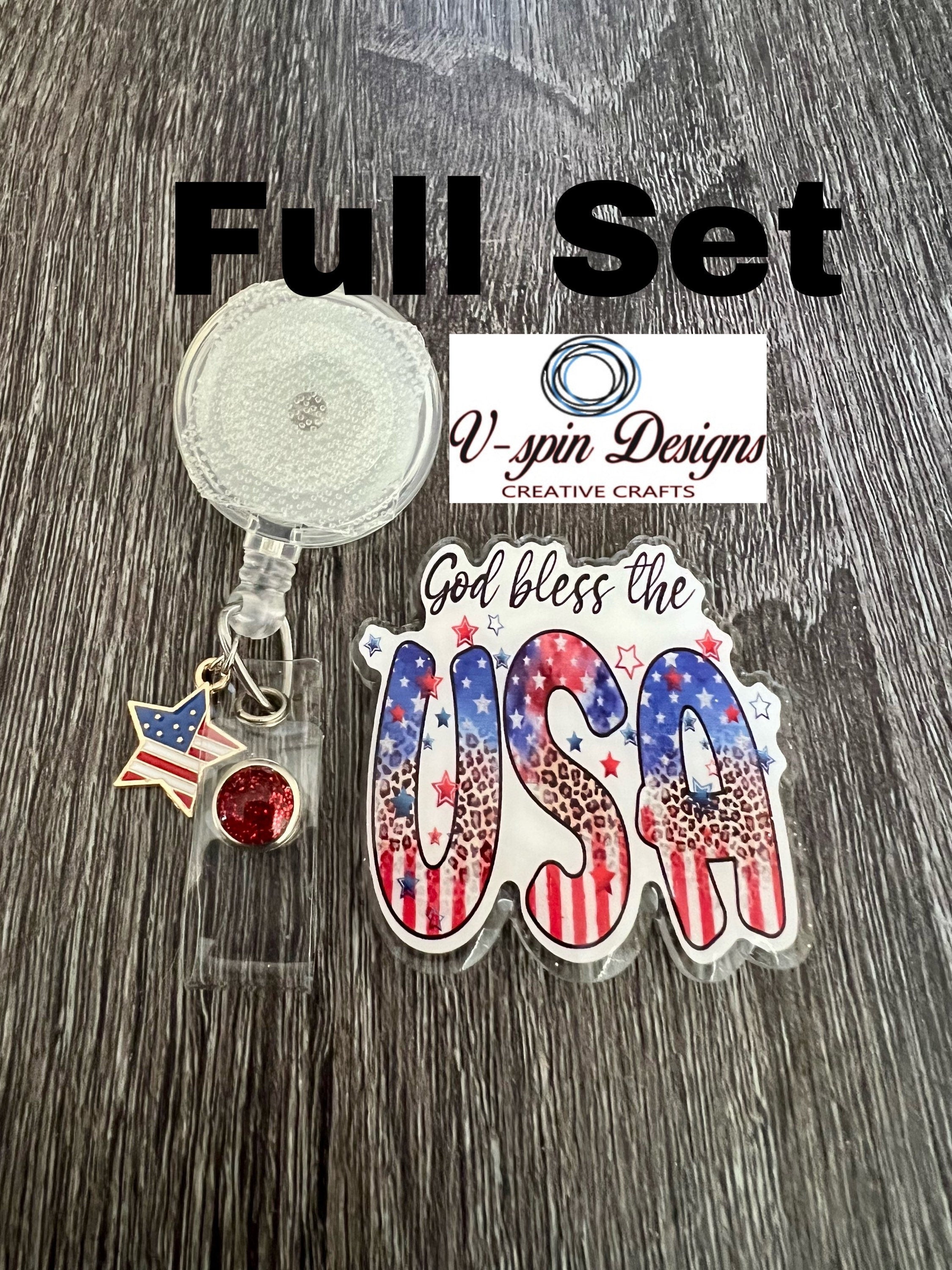 "God Bless the USA" Patriotic Badge Reel | Retractable Acrylic ID Holder