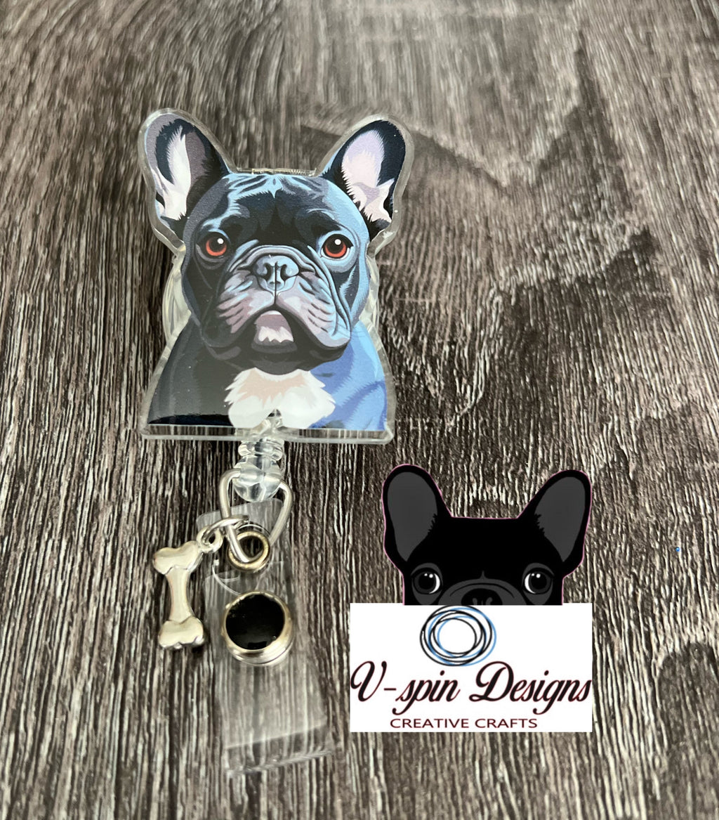 Black Baby Frenchie Badge reel/ID Holder/card holder/nurses/teachers/students/dog badge reels