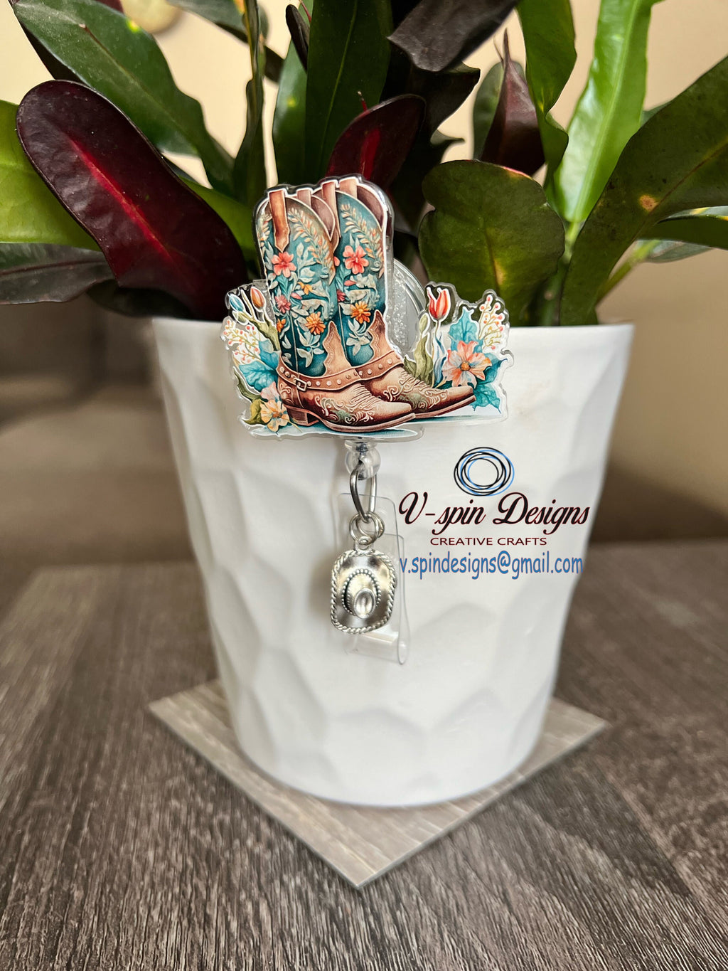 Cowgirl Boots & Flowers Badge Reel | Western Retractable Acrylic ID Holder