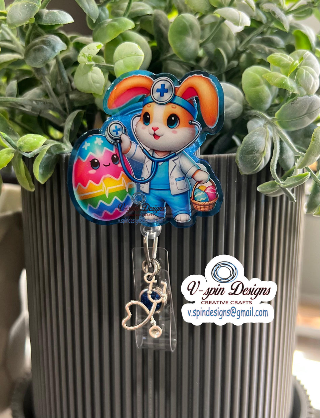 Easter Bunny Doctor & Nurse Badge Reel: Blue Acrylic Holiday ID Holder