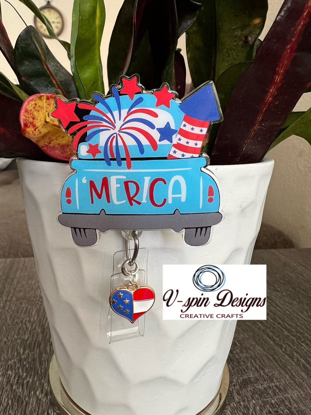 Patriotic Fireworks Truck Badge Reel | 4th of July Retractable Acrylic ID Holder