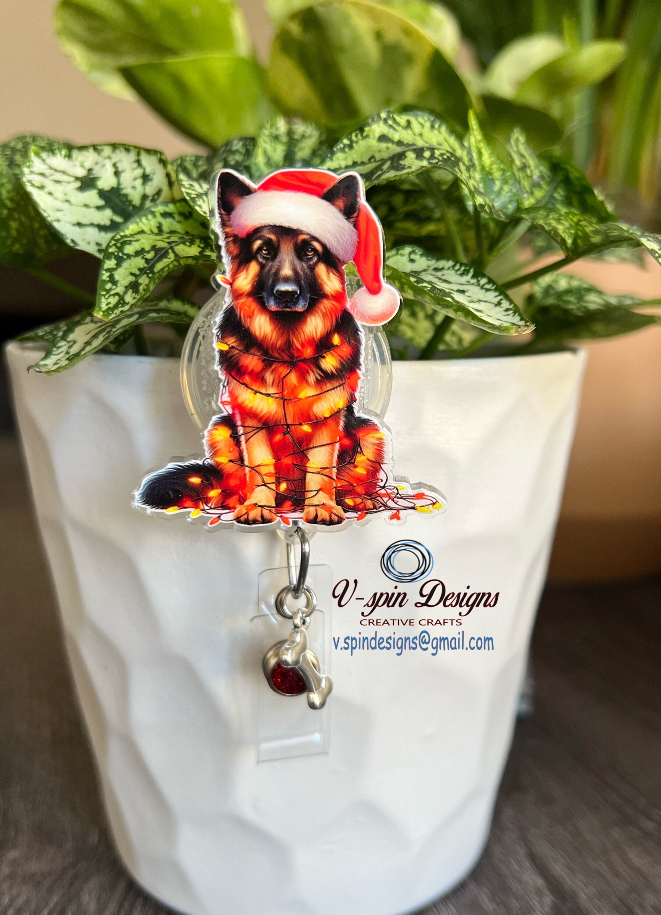 Festive German Shepherd Christmas Badge Reel | Holiday Retractable Acrylic ID Holder