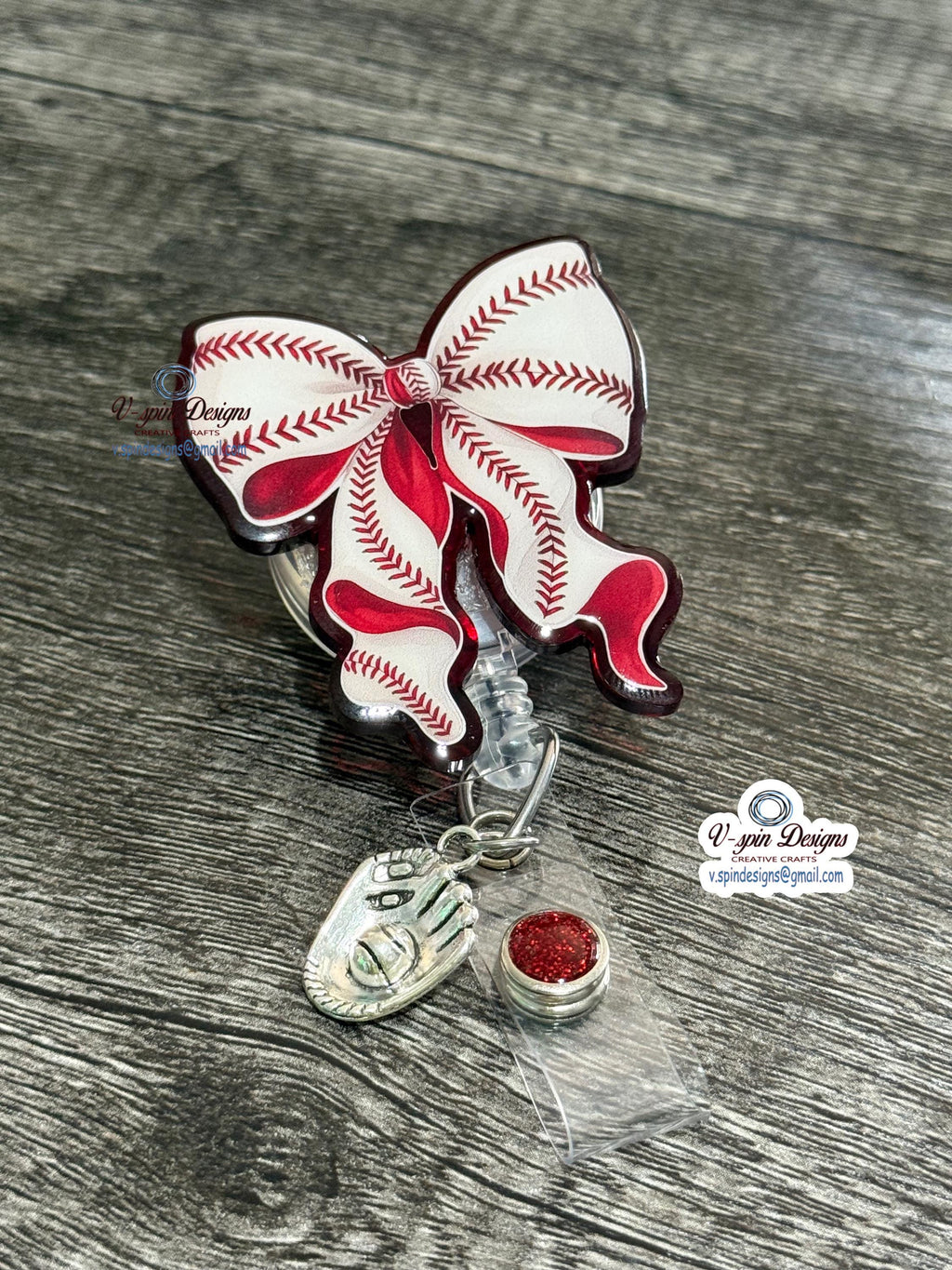 Baseball Bow Badge Reel | Sports Fan Retractable Acrylic ID Holder