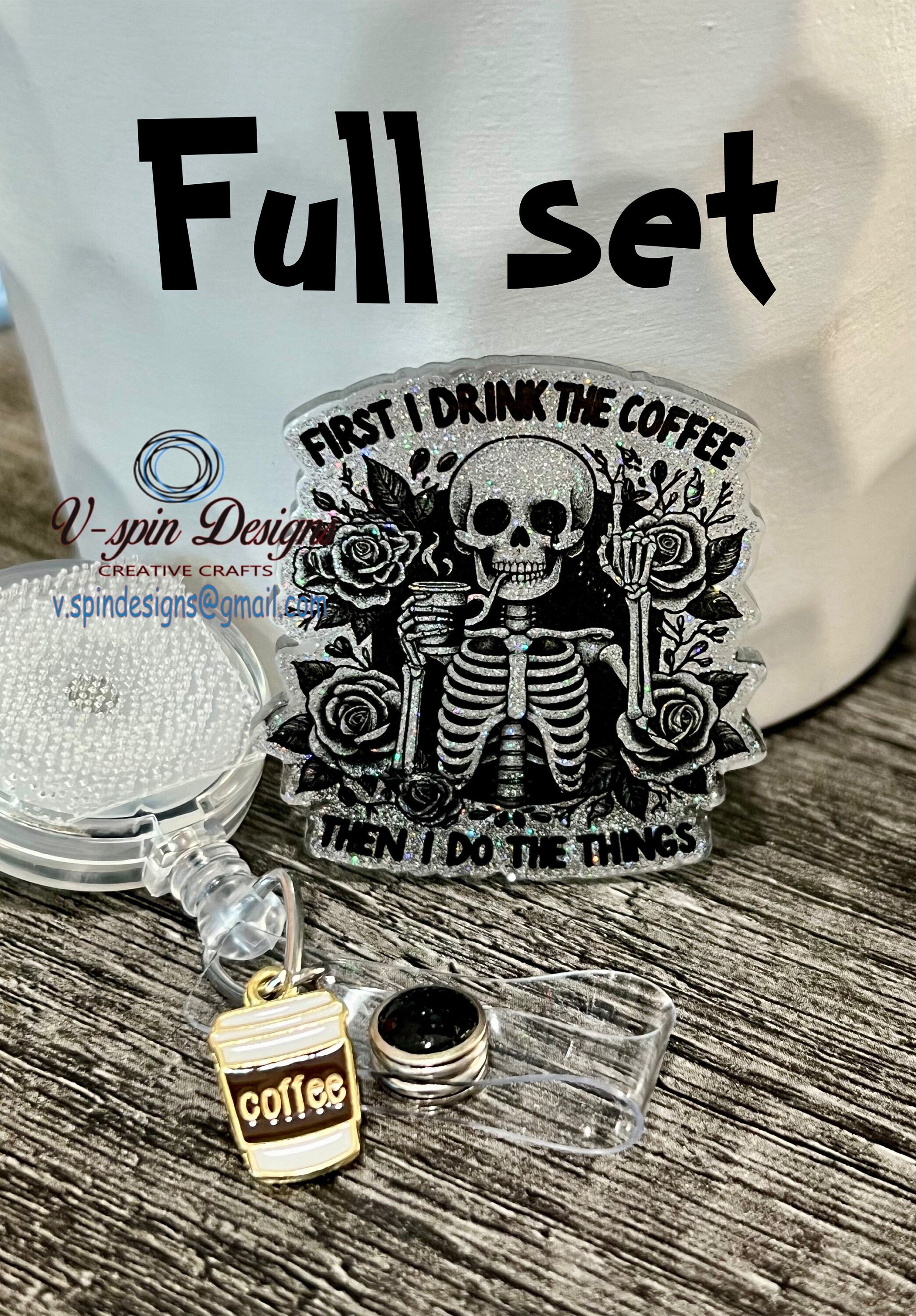 Skeleton “First I drink the coffee” Badge reel/ID Holder card holder/nurse/teachers/funny badge reels/coffee badge reels