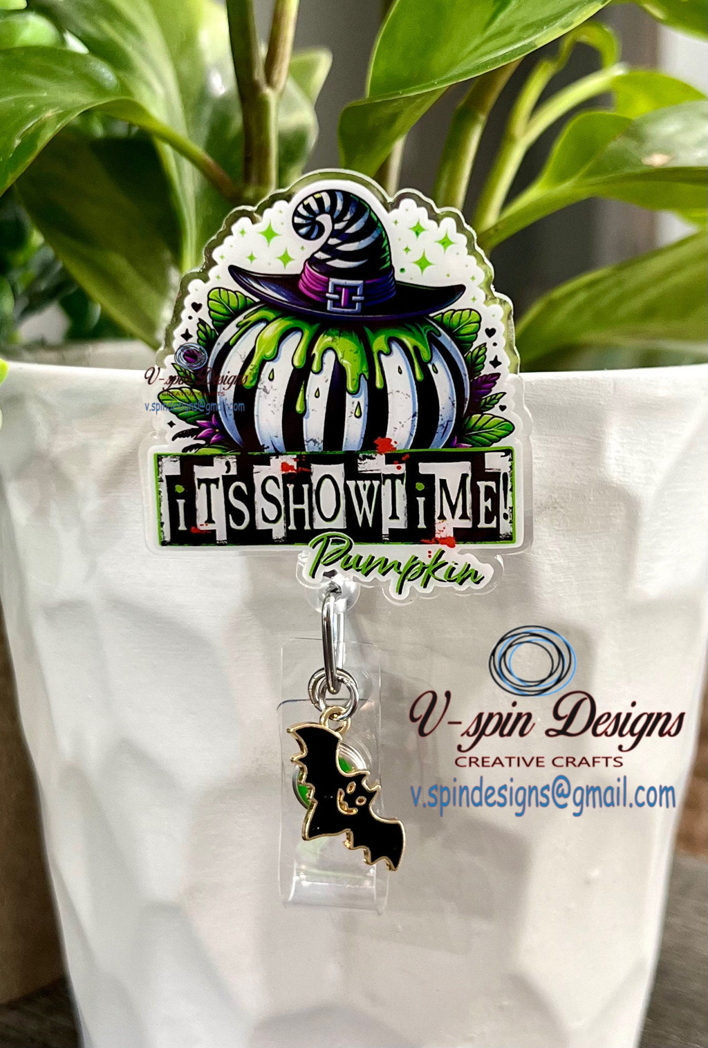 "It's Showtime" Pumpkin Halloween Badge Reel | Spooky Retractable Acrylic ID Holder