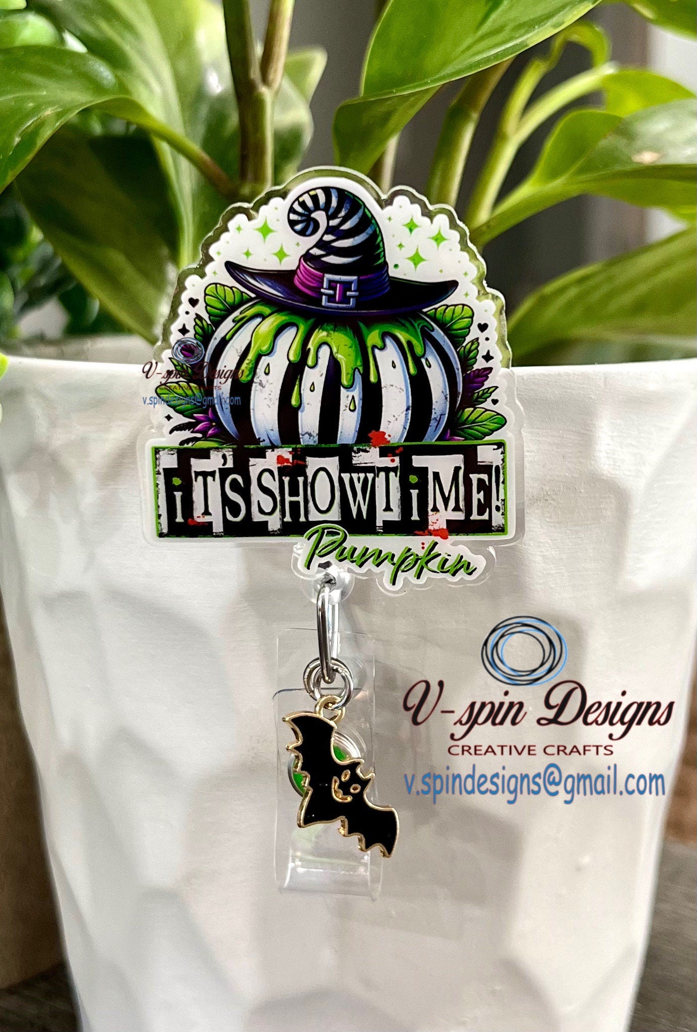 "It's Showtime" Pumpkin Halloween Badge Reel | Spooky Retractable Acrylic ID Holder