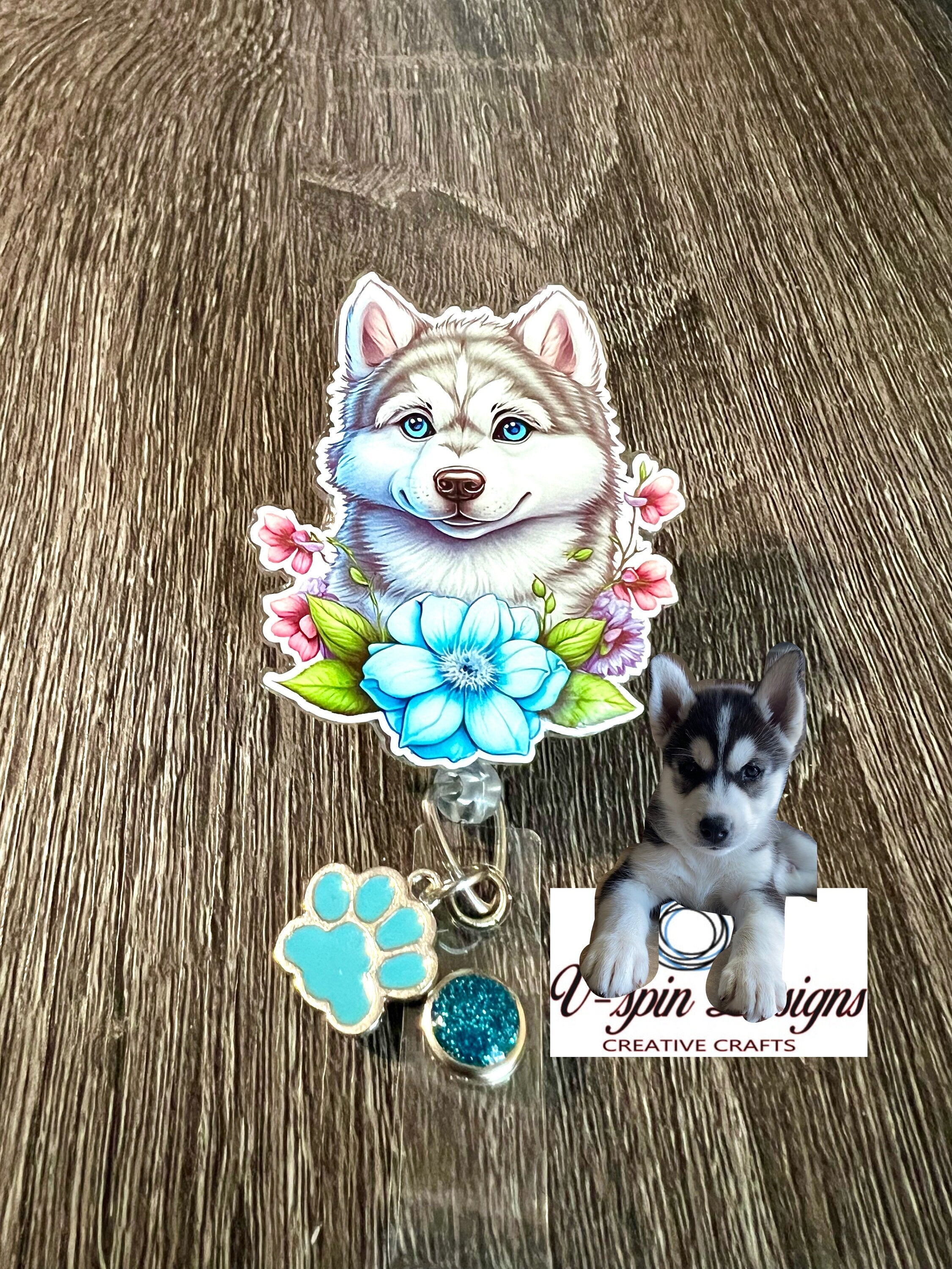 Blue Flower Husky Dog Badge Reel | Retractable Acrylic ID Holder