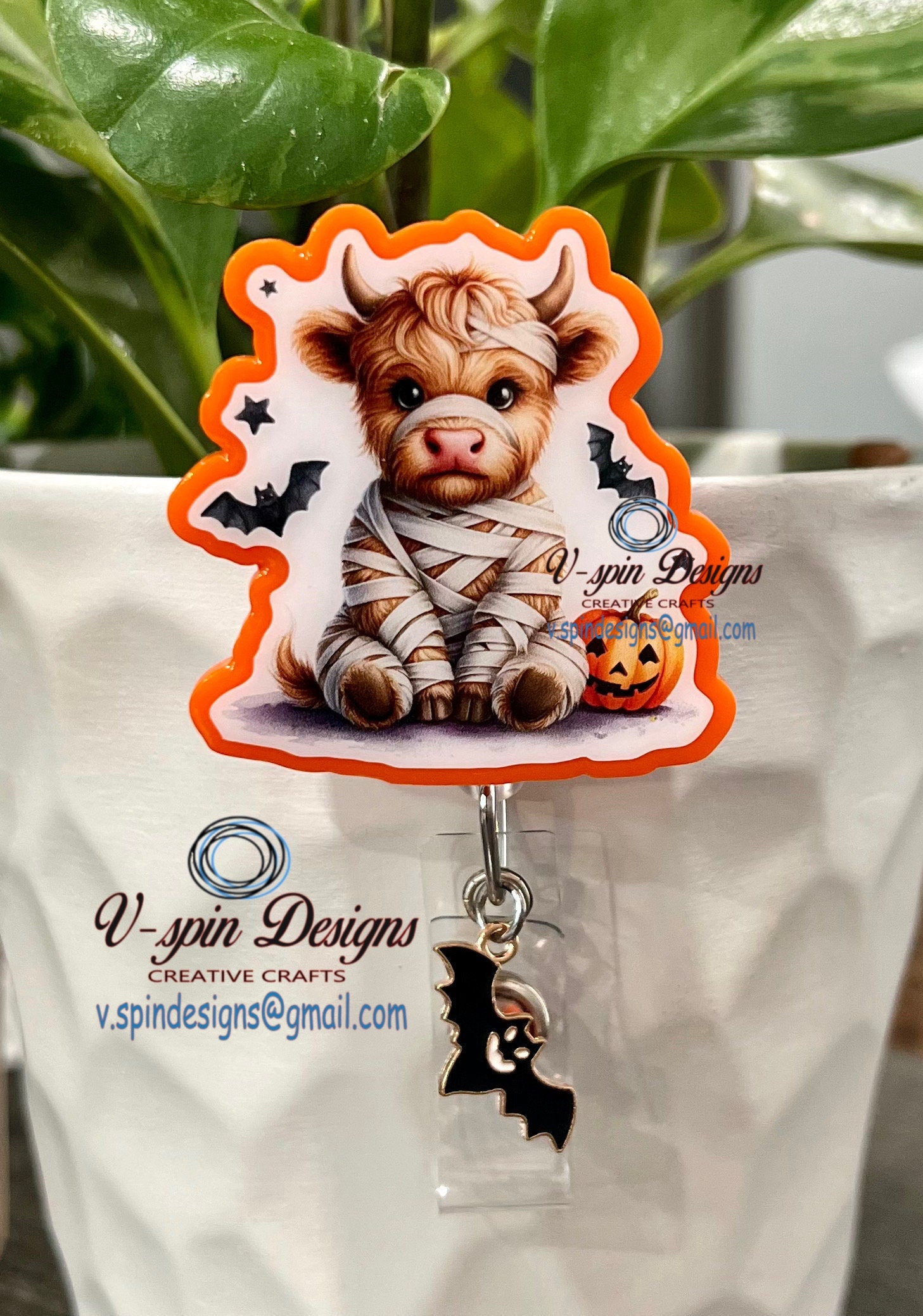 Highland Cow Mummy Badge Reel | Halloween Retractable Acrylic ID Holder