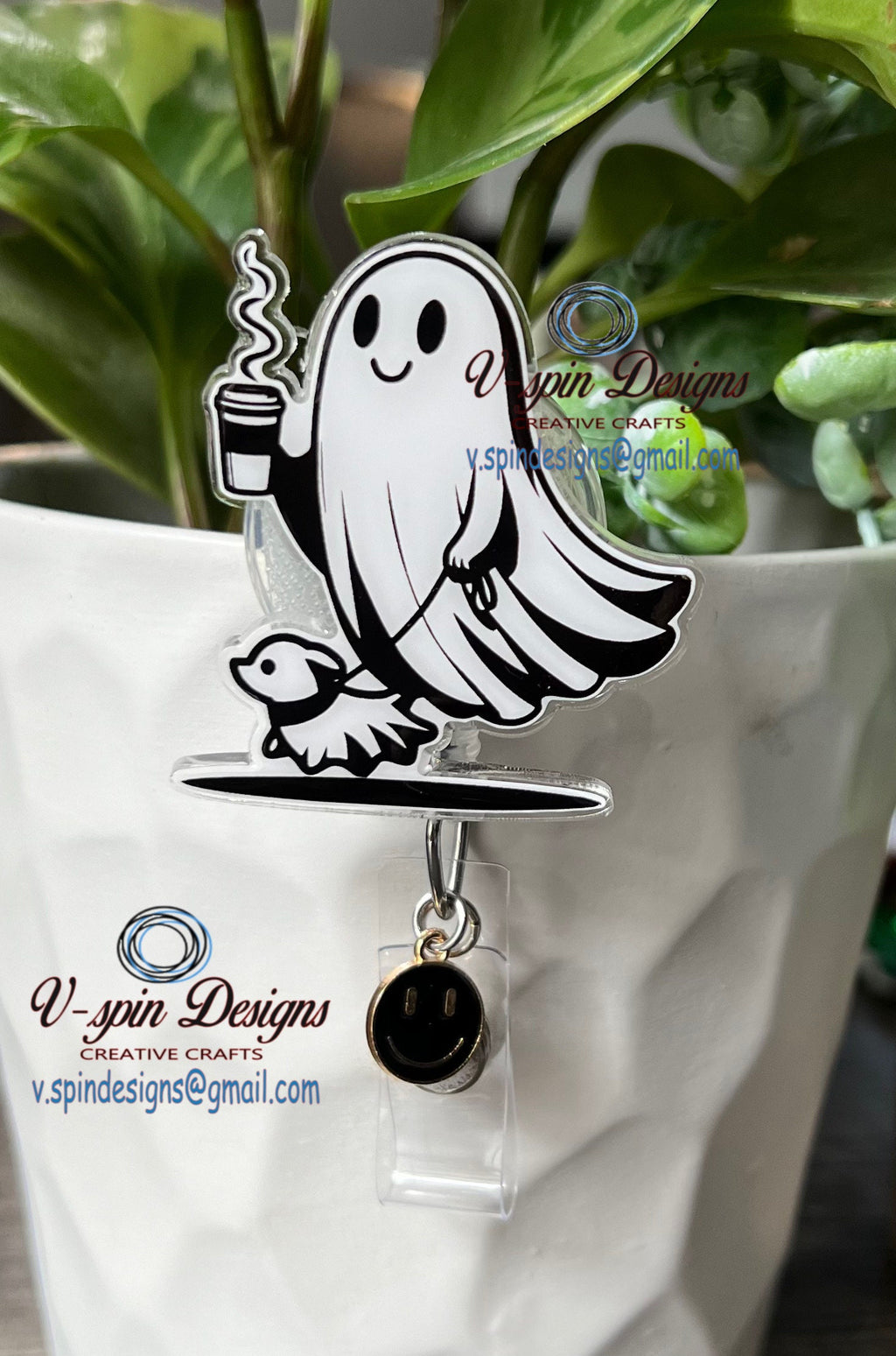 Ghost Walking Dog Badge Reel: Funny Halloween Coffee Acrylic ID Holder