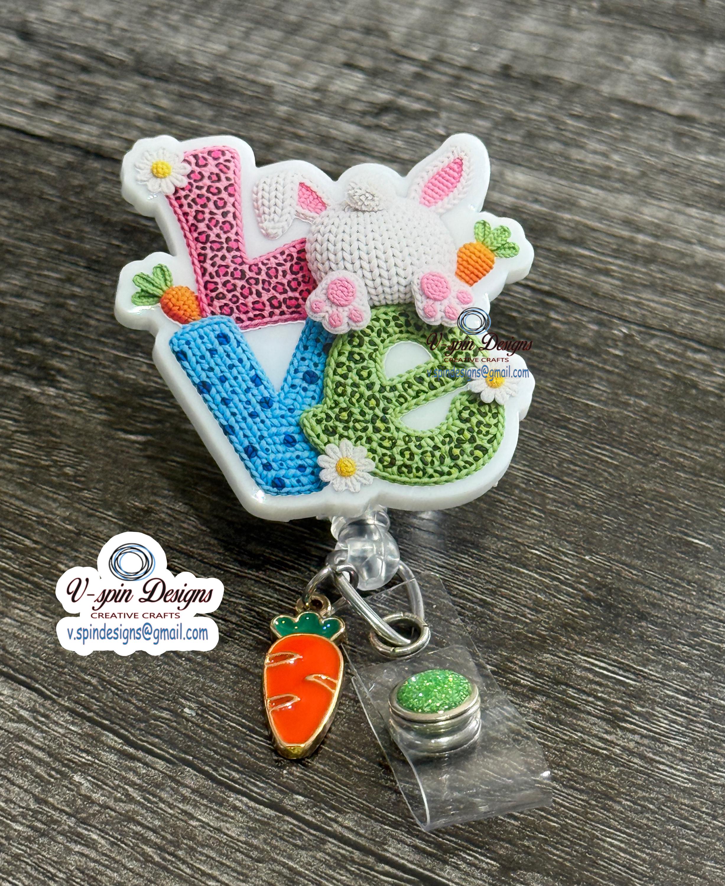 Easter Bunny Butt Badge Reel: Funny Crochet-Look Acrylic ID Holder