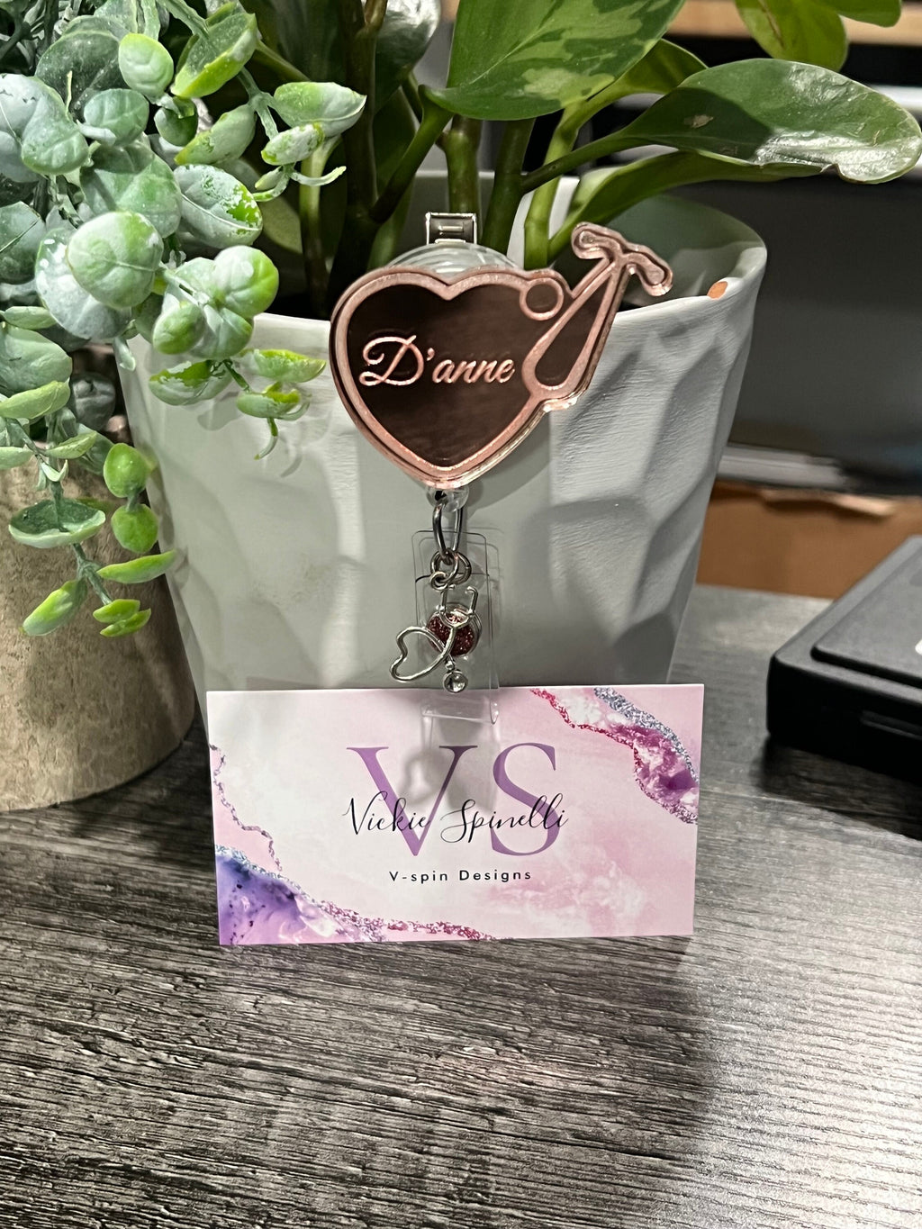 Personalized Rose Gold Stethoscope Badge Reel: Mirrored Acrylic Nurse ID Holder
