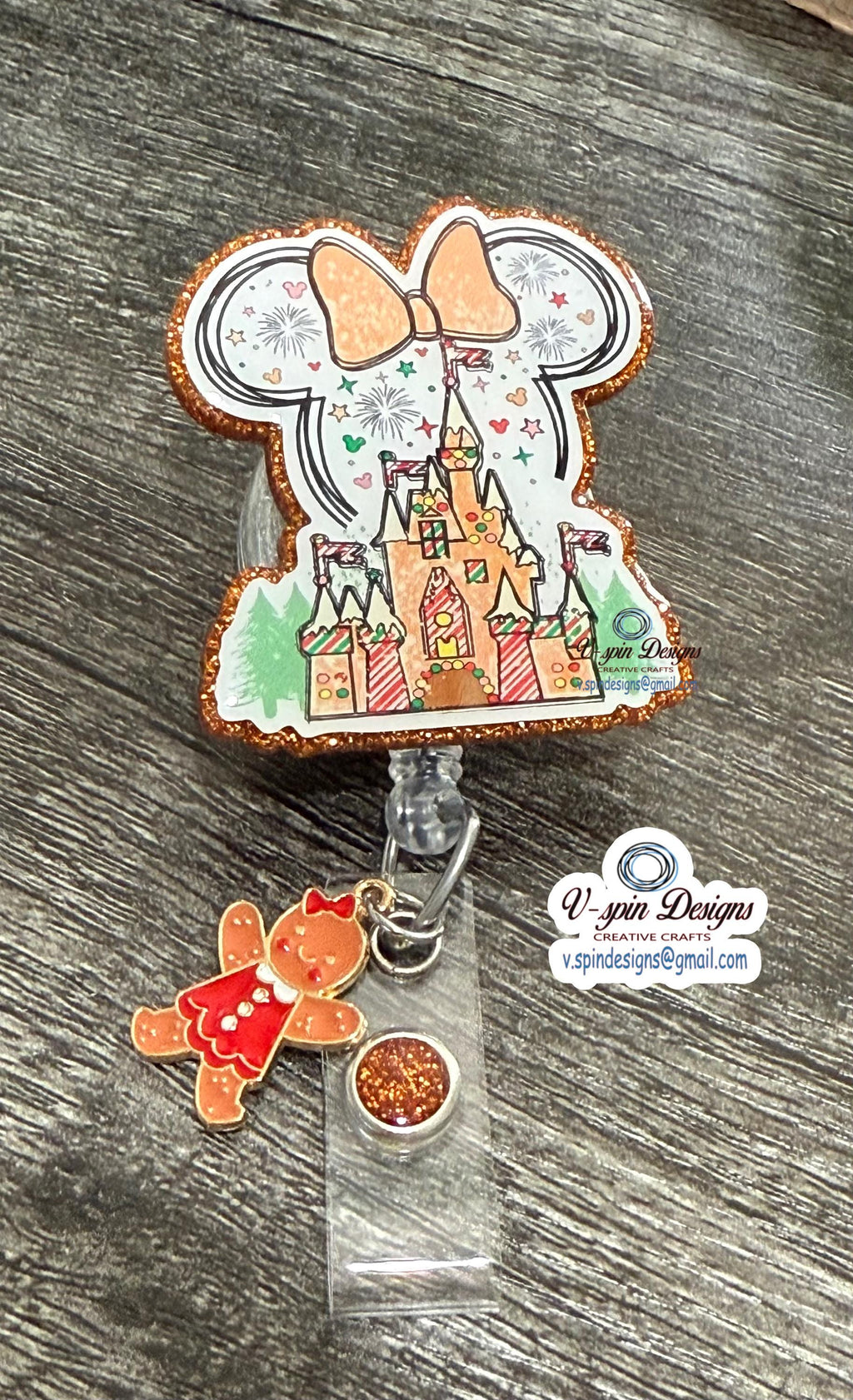 Gingerbread Castle Badge Reel | Christmas Glitter Retractable Acrylic ID Holder