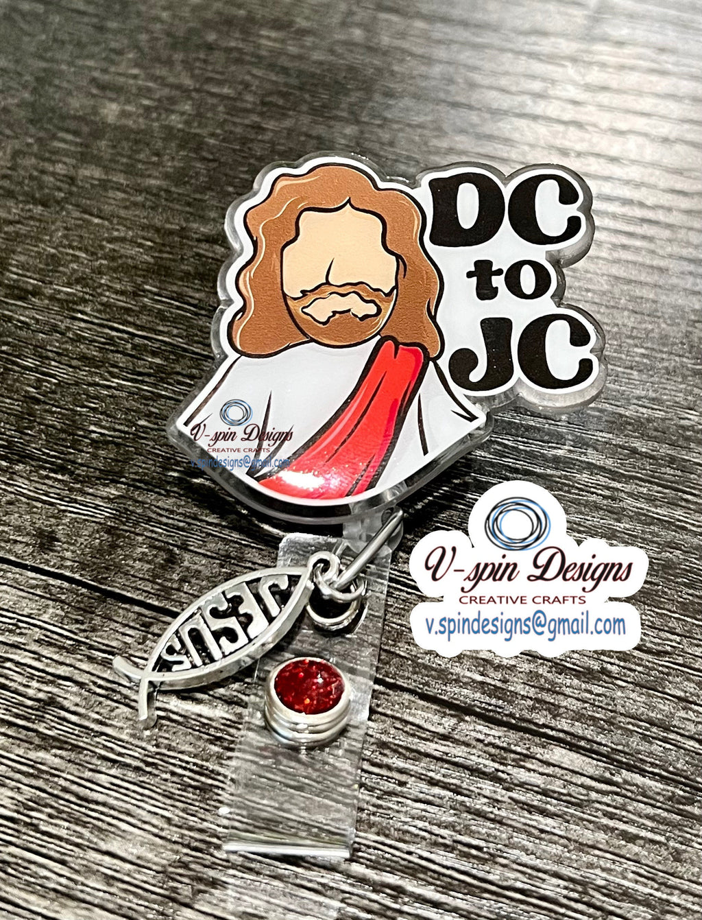 "DC to JC" Badge Reel | Funny Religious Retractable Acrylic ID Holder