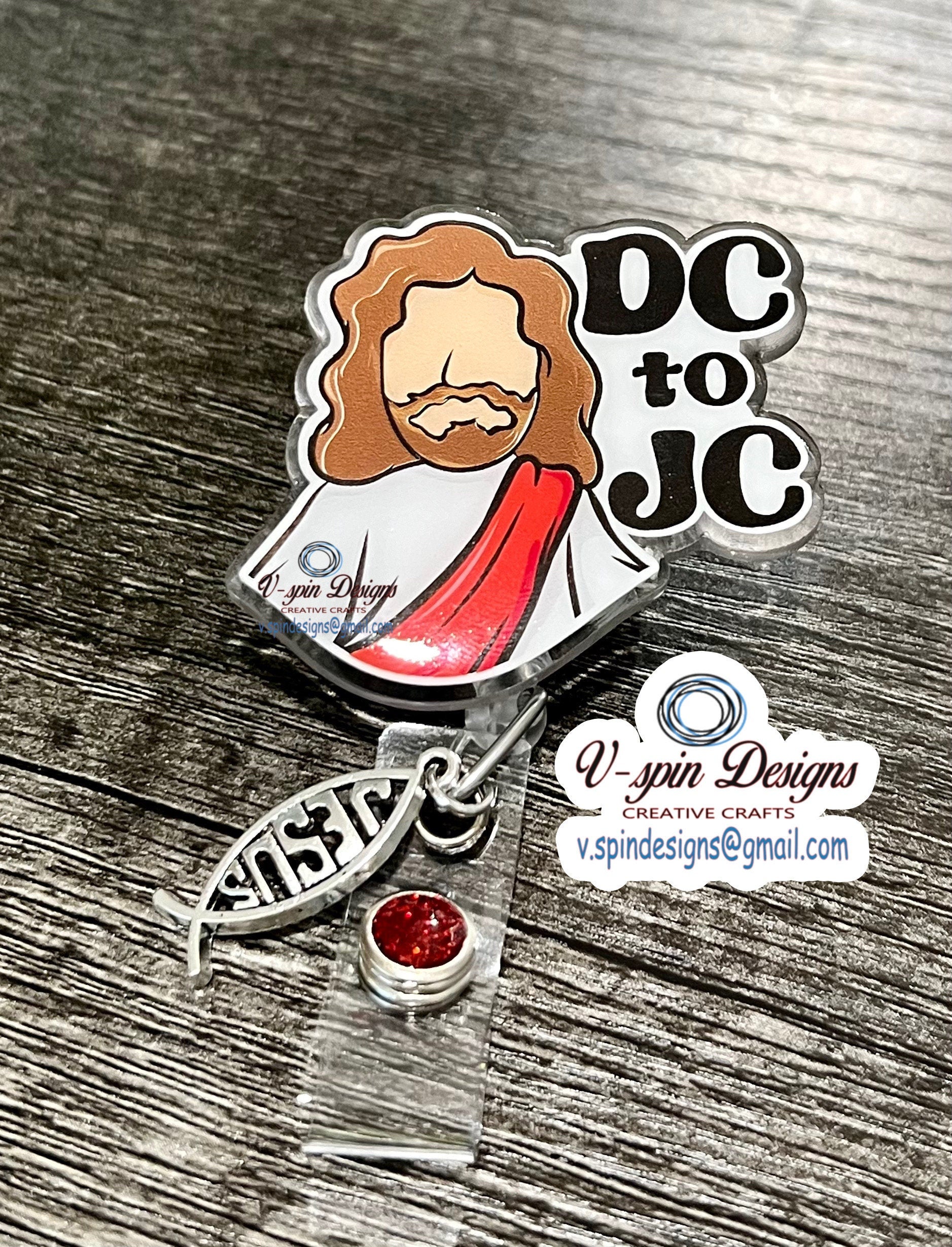 "DC to JC" Badge Reel | Funny Religious Retractable Acrylic ID Holder