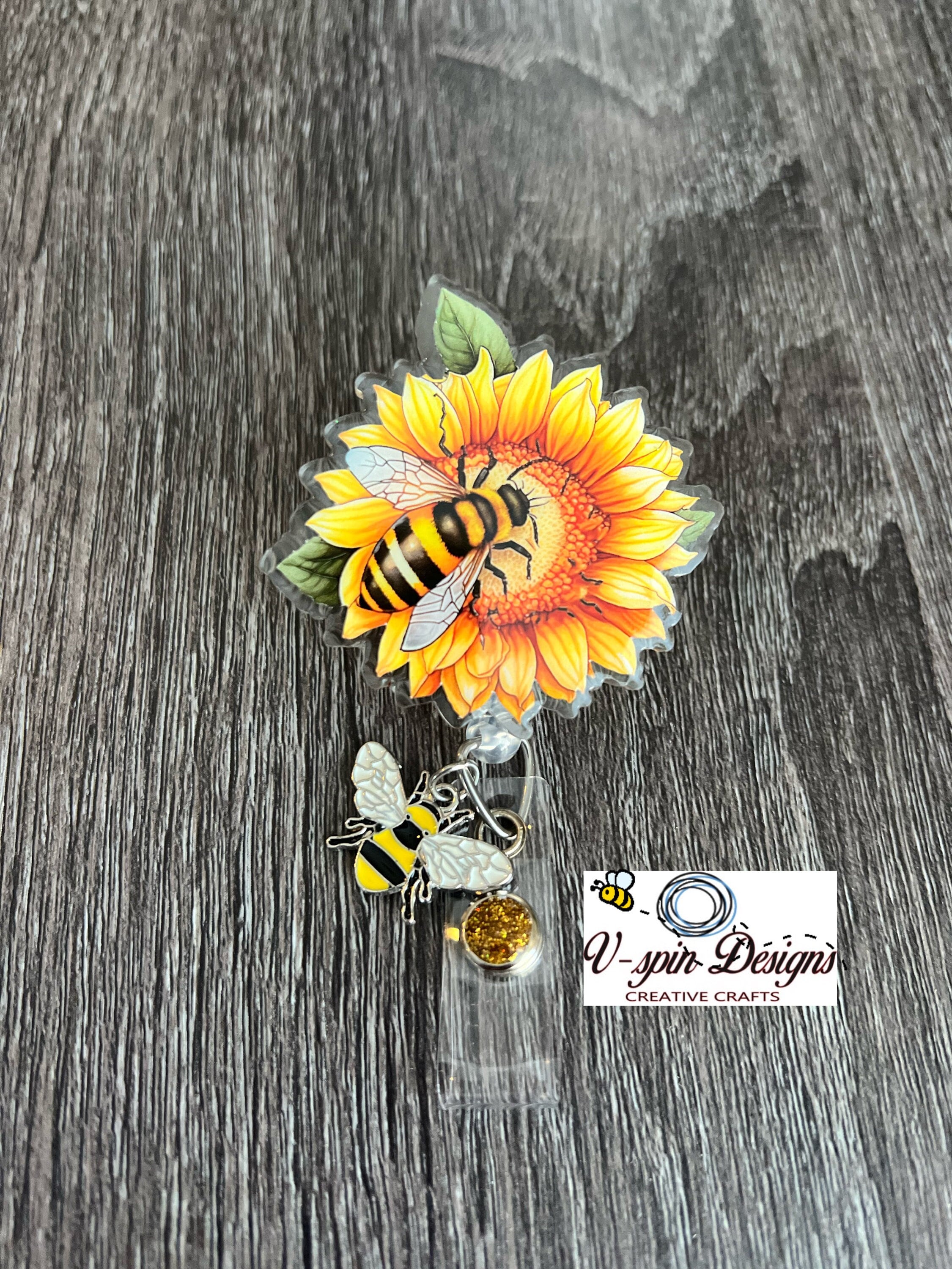 Sunflower & Bee Badge Reel: Retractable Acrylic ID Holder