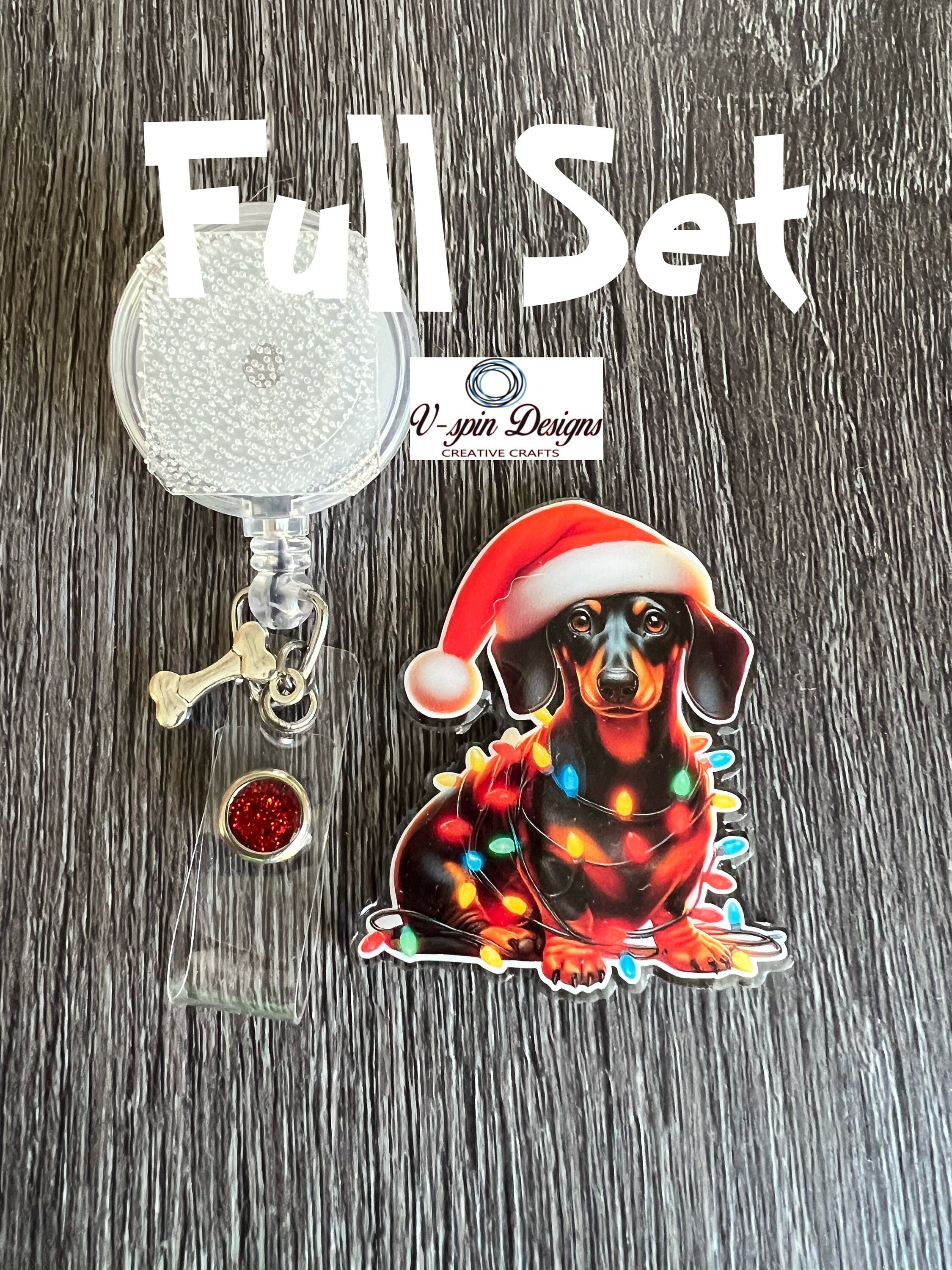 Festive Dachshund Christmas Badge Reel | Holiday Retractable Acrylic ID Holder
