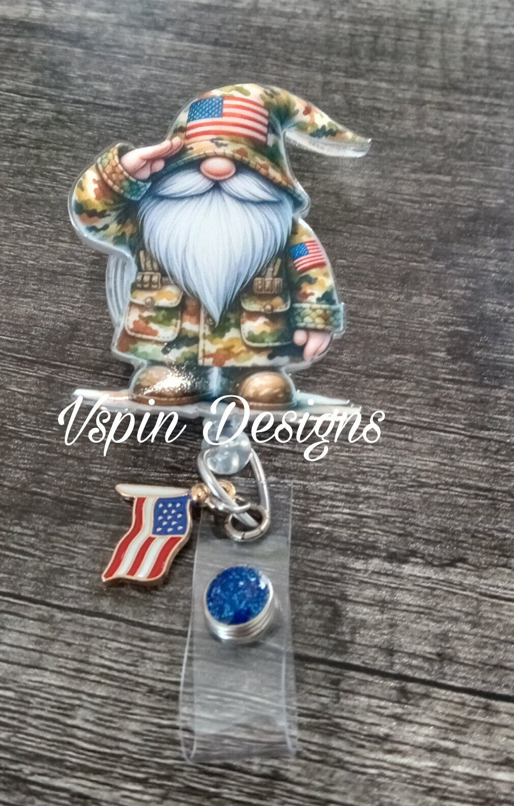 Military Gnome Saluting Badge Reel | Patriotic Retractable Acrylic ID Holder