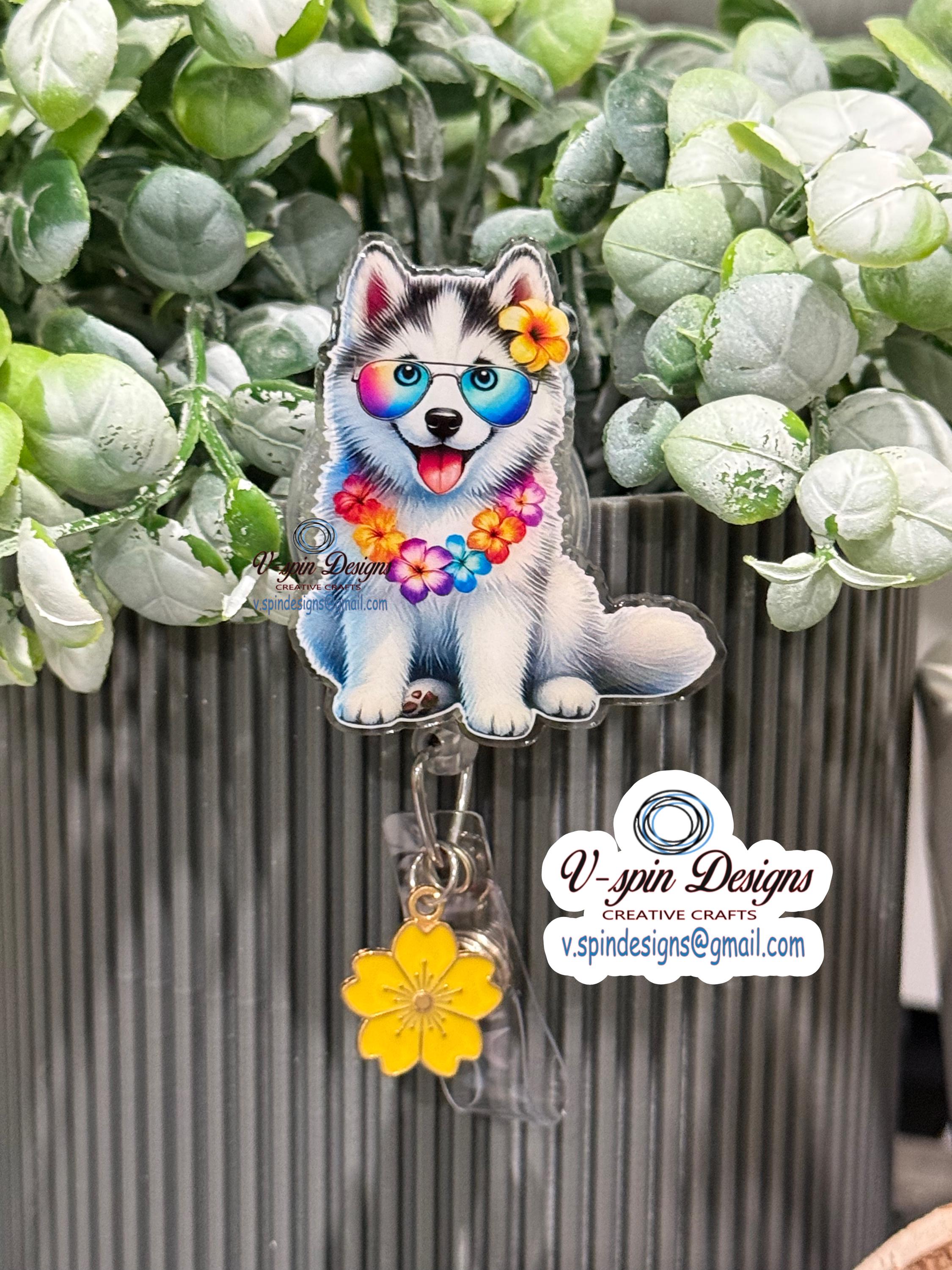 Summer Husky Dog Badge Reel | Retractable Acrylic ID Holder