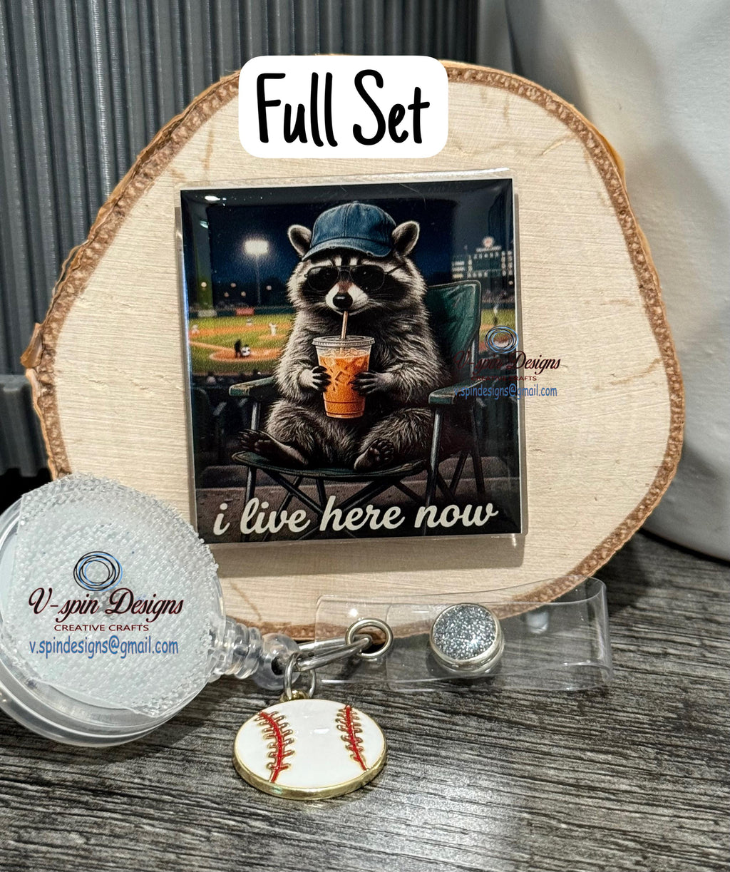 "I Live Here Now" Raccoon Baseball Fan Badge Reel | Funny Retractable ID Holder