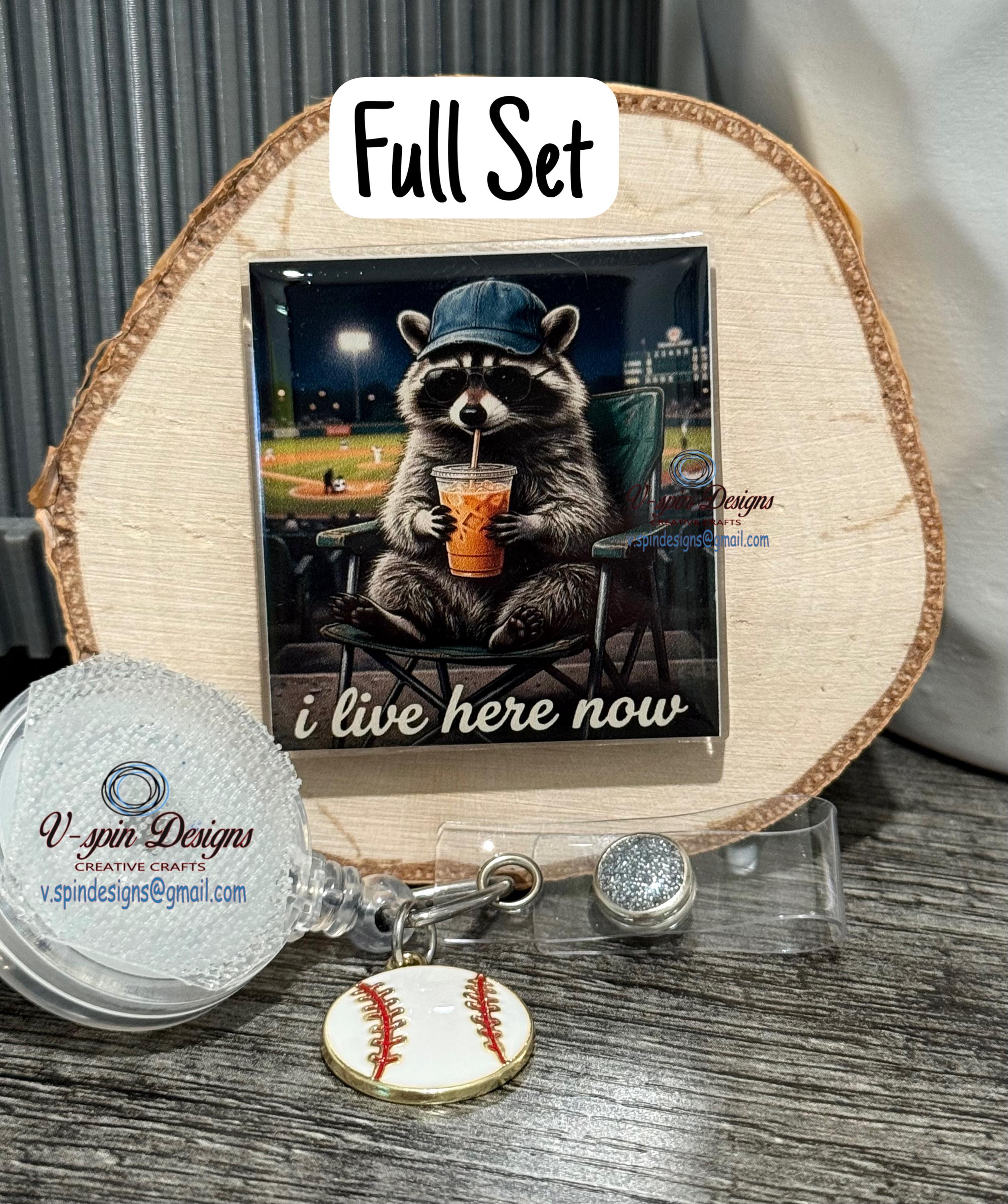 "I Live Here Now" Raccoon Baseball Fan Badge Reel | Funny Retractable ID Holder