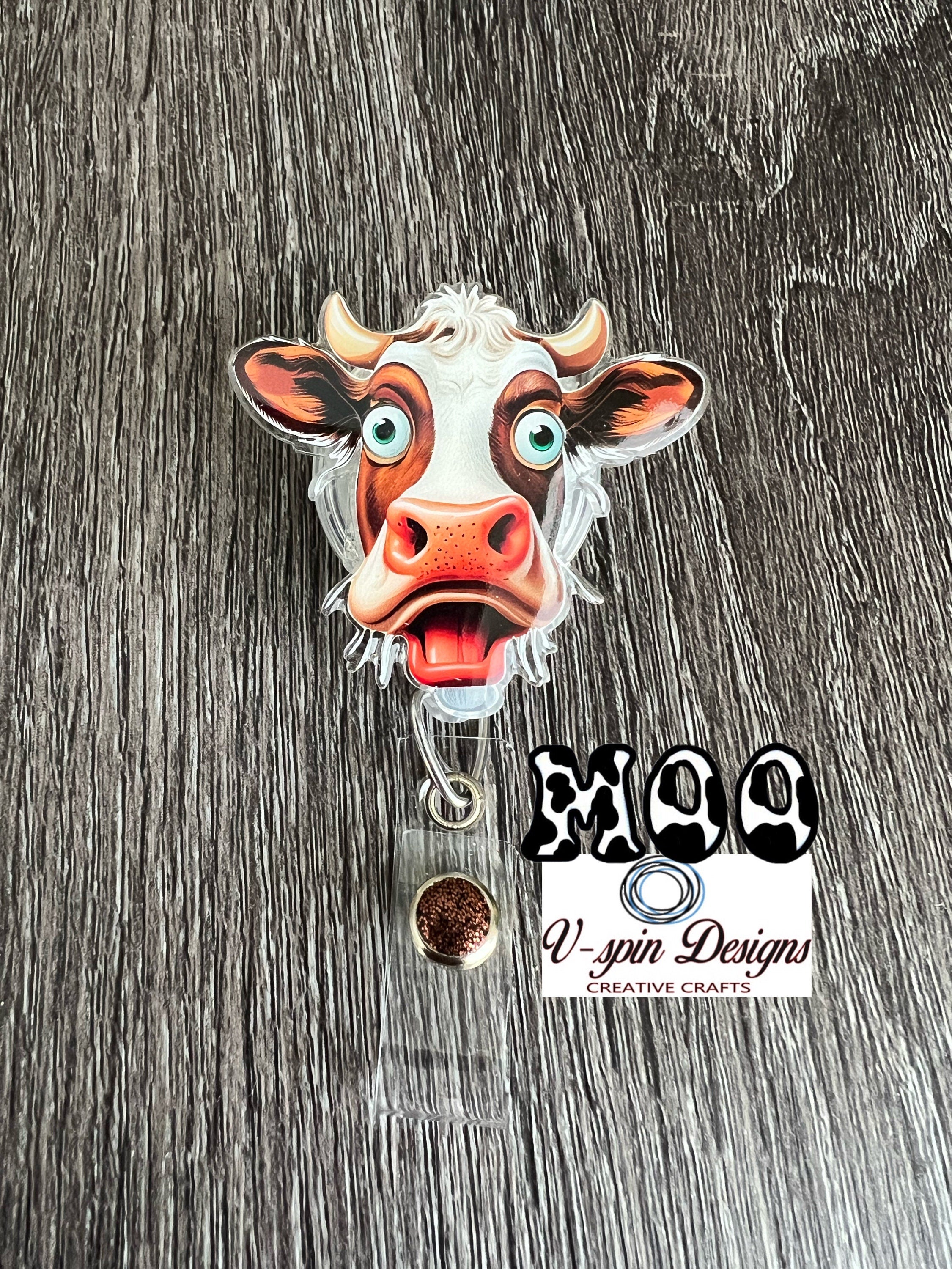 Funny Cow Face Badge Reel | Retractable Acrylic ID Holder