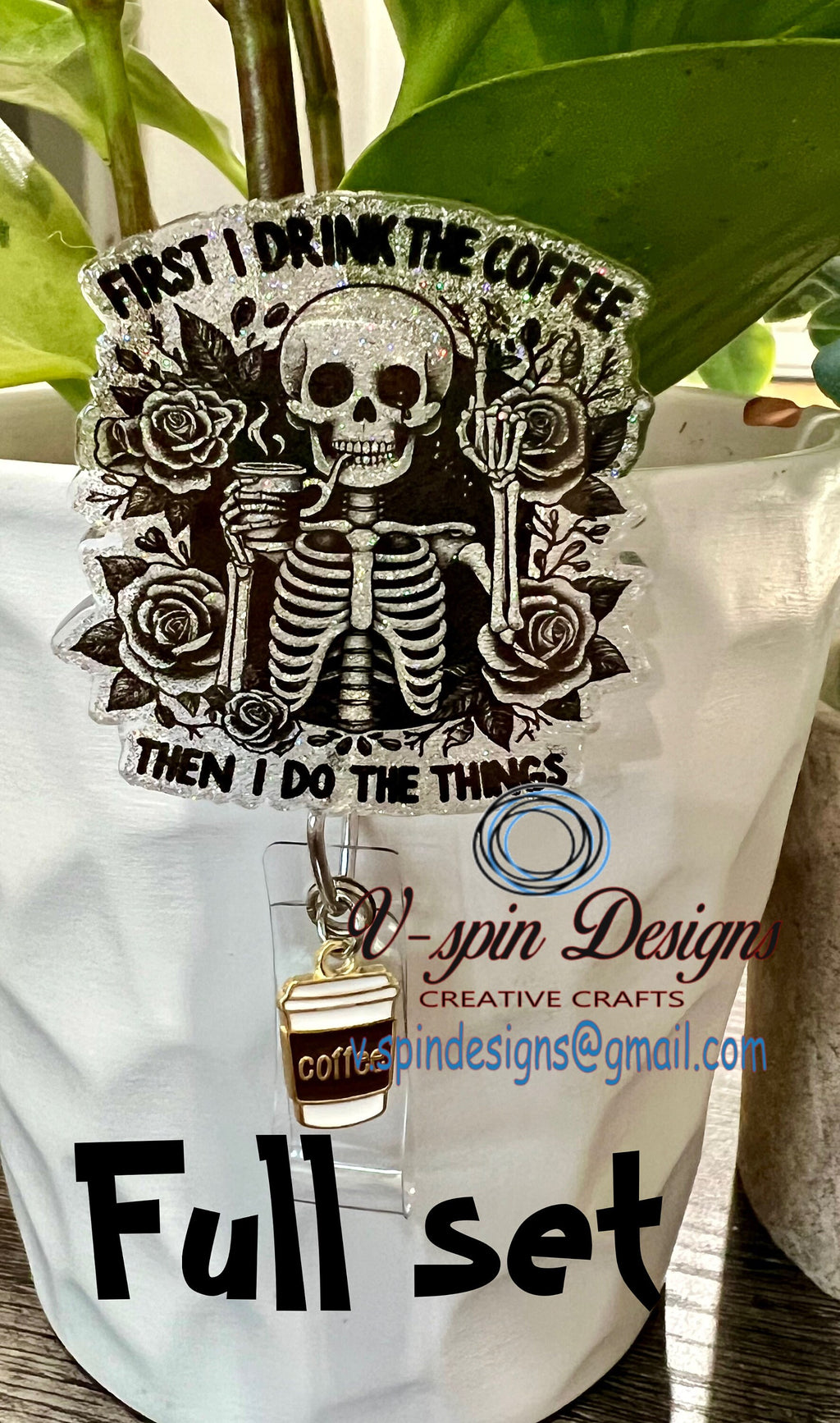 Skeleton “First I drink the coffee” Badge reel/ID Holder card holder/nurse/teachers/funny badge reels/coffee badge reels